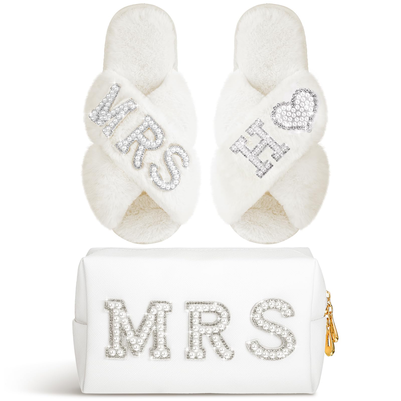 Xtinmee Personalisierte Hochzeits-Braut-Hausschuhe, MRS, Perlen-Brief, Make-up-Tasche, Brautparty, Geschenke für Hochzeitstag