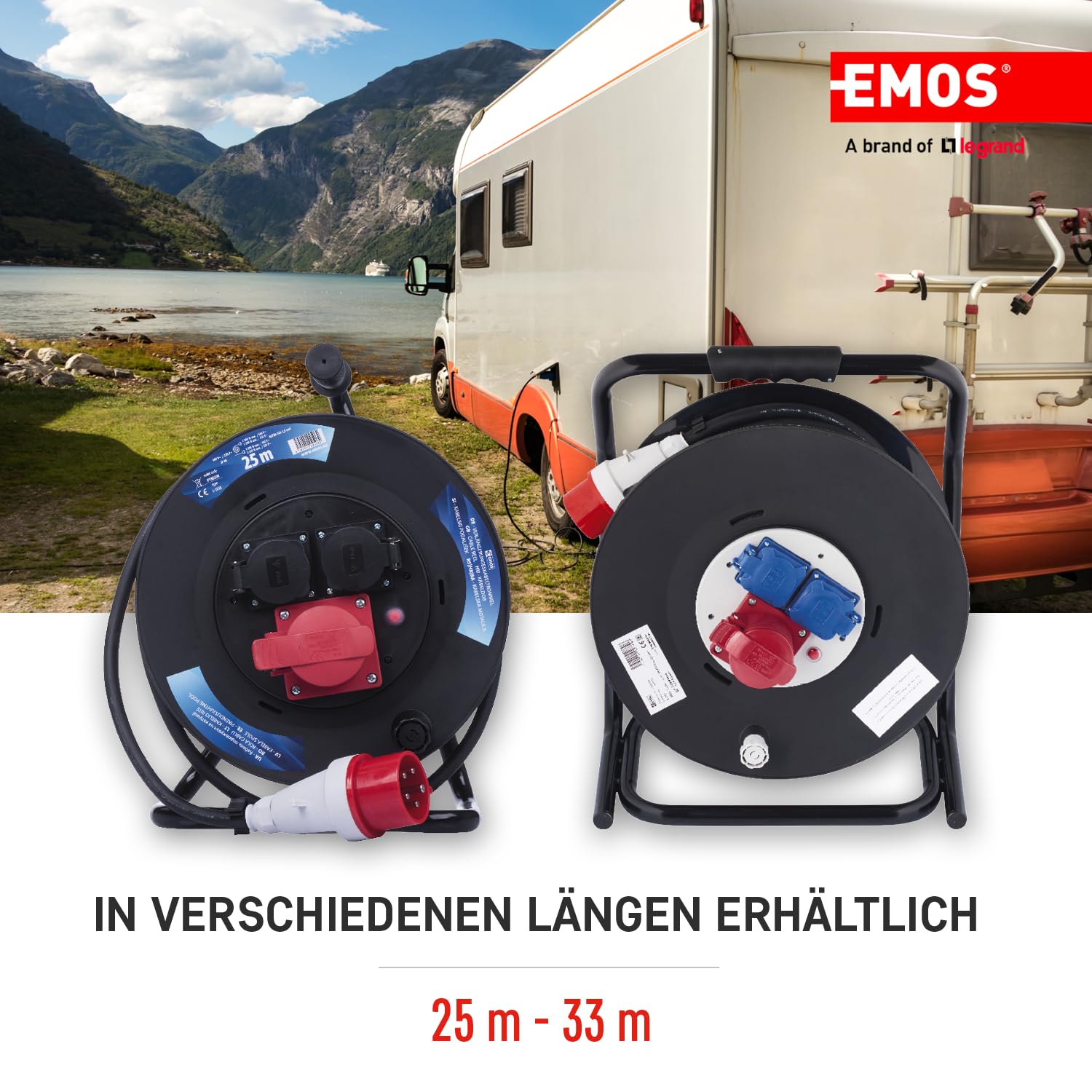 EMOS - Bęben kablowy CEE 25 m - 3 gniazda (1 CEE, 2 Schuko) - wodoszczelny - 230 V/400 V, 13 A, 3000 W/5000 W - izolacja gumowa - H07RN-F 1,5 mm2 - IP44 do użytku na zewnątrz i na kemping