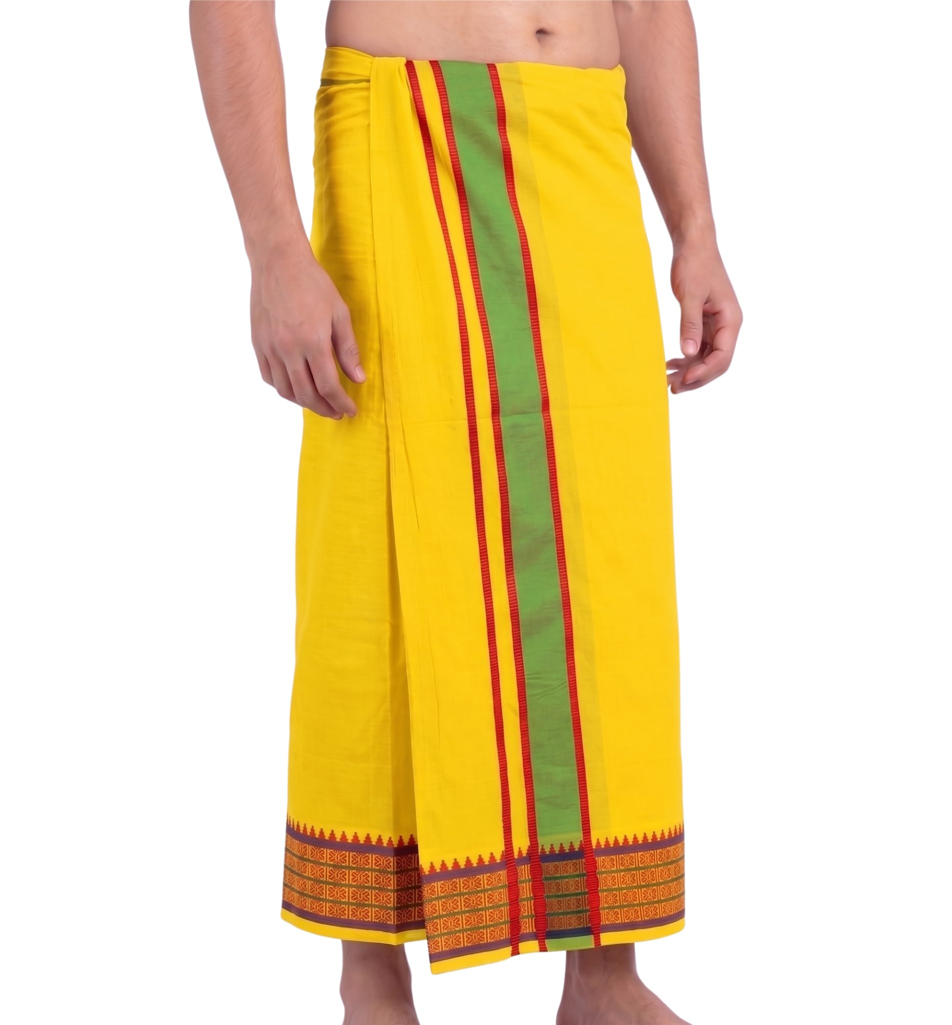 Sharan Elegance Men's Single Dhoti - 2 Mtrs/Mundus/Lungi Green Border Set of 1-picture-11