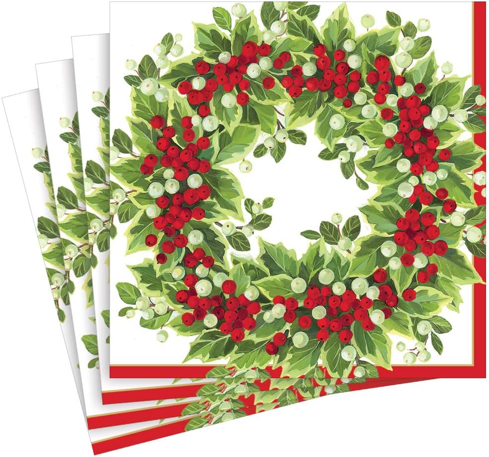 Caspari Holly and Berry Wreath Paper Dinner Napkins - 20 Per Package, 4 Packs