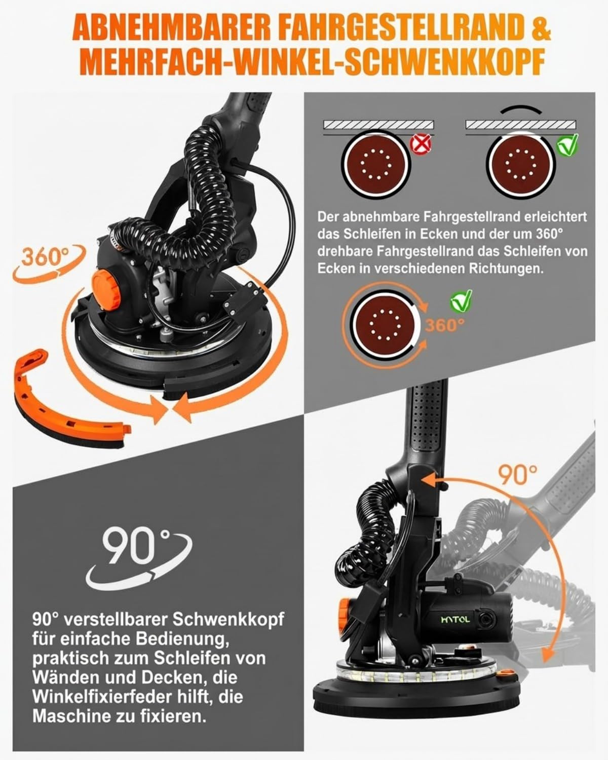 Trockenbauschleifer 900W, Wandschleifer & Deckenschleifer mit Absaugung, 1800 U/min, 6-Stufen Geschwindigkeit, Klappbarer Teleskopstiel, LED-Leuchte, inkl. 12 Schleifblättern