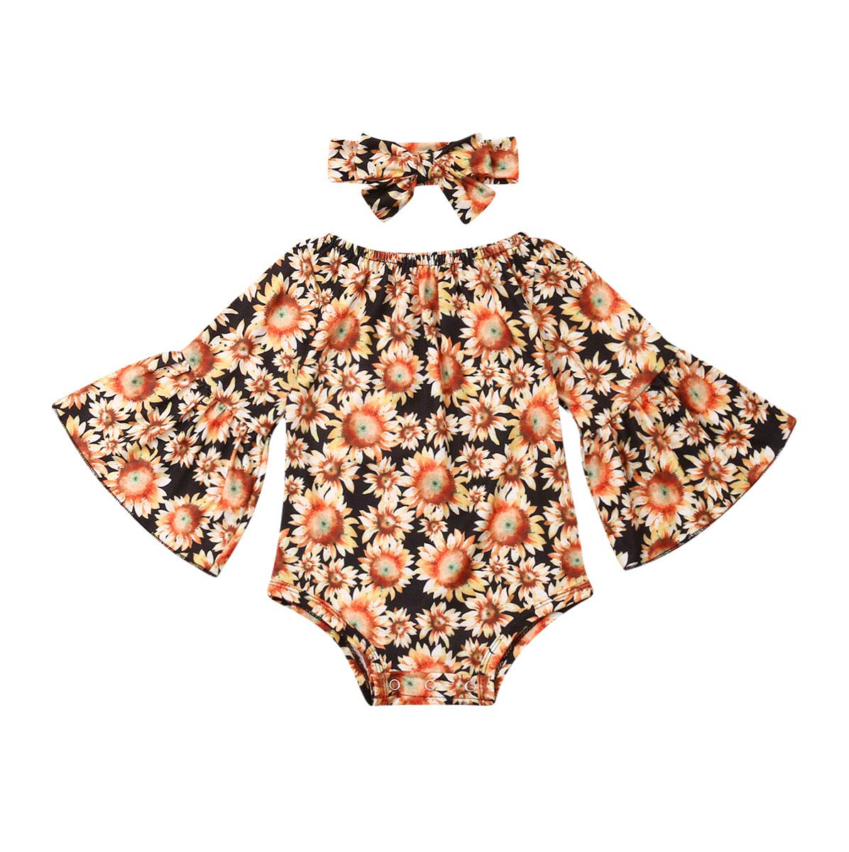 Newborn Baby Girl Floral Bodysuit+Headnband 2pcs Summer Flare Sleeve Fashion Jumpsuit 0-24Months