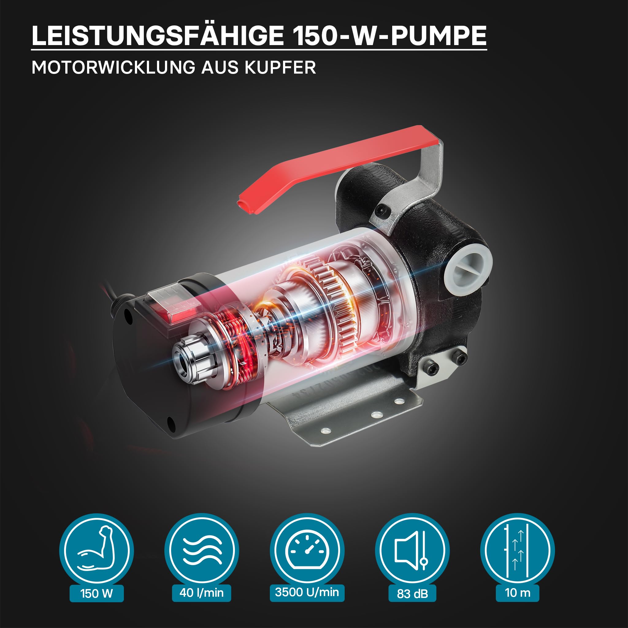 Wiltec Bio Dieselpumpe 12 V, 150 W, 40 l/min, Heizölpumpe selbstansaugend, Absaugpumpe für Diesel, Biodiesel, Heizöl, tragbare mobile Umfüllpumpe mit Zapfpistole und Schläuchen