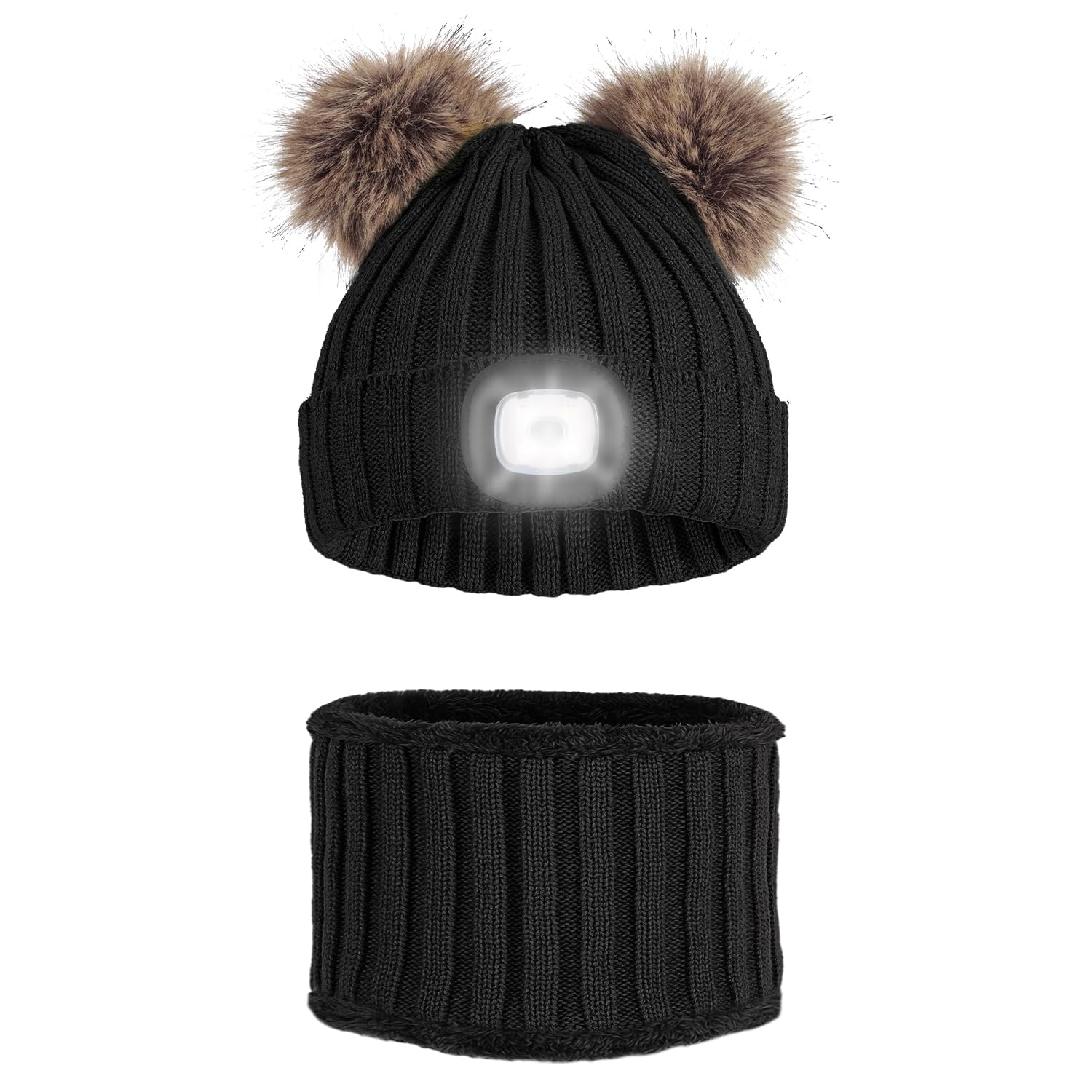 AlarmoreWomens Beanie Hat Scarf Set, Led Beanie Light USB Rechargeable Headlamp Cap, Unisex Warm Knitted Winter Hat with Pom