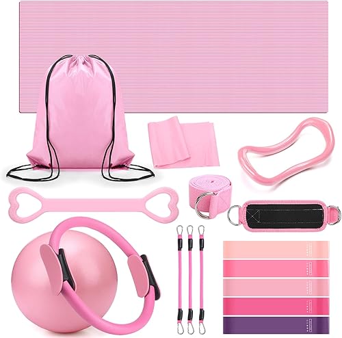 Juego de 18 anillos de pilates esenciales para mujer, anillo de pilates y pelota de resistencia al tobillo, correa de yoga, calcetines, esterilla,