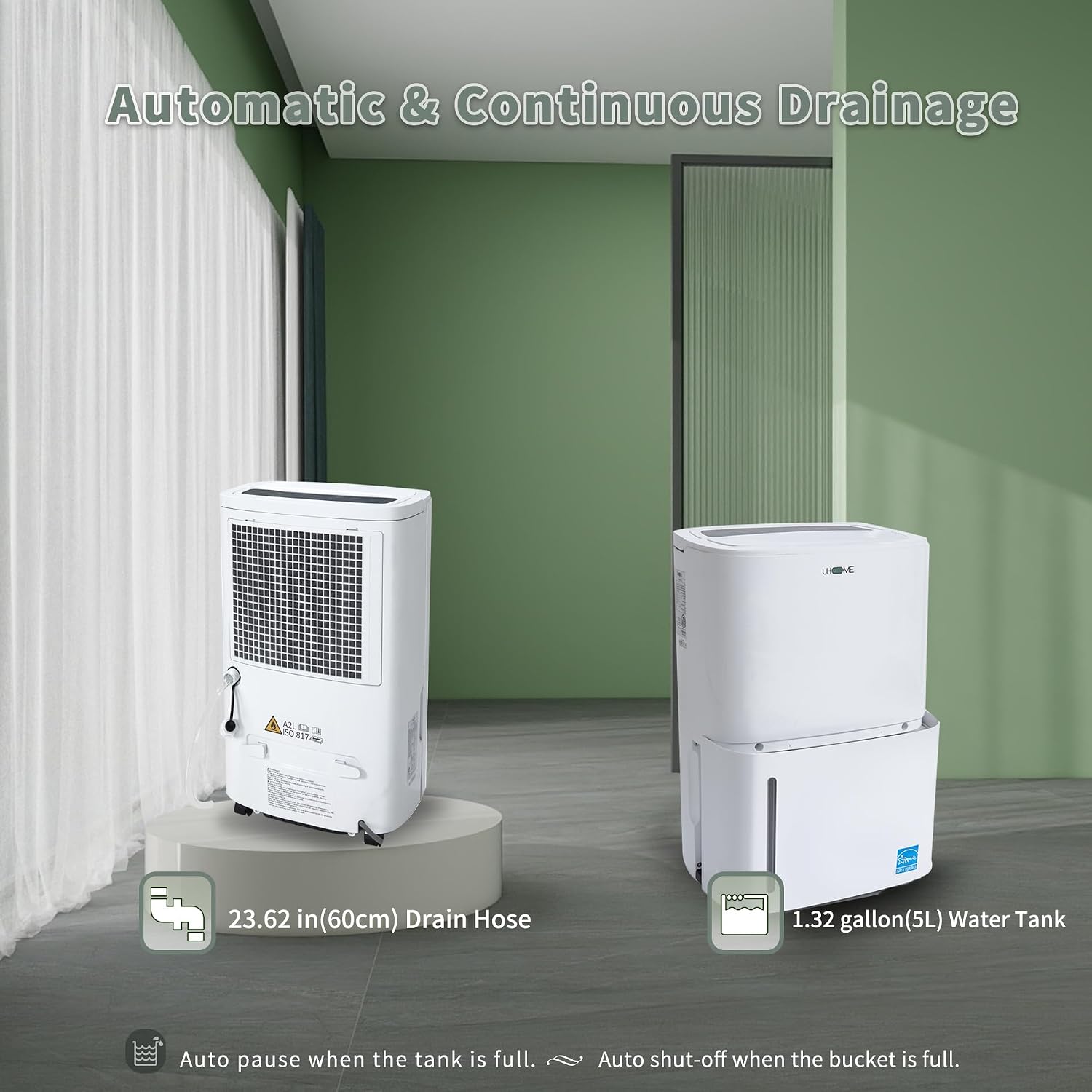 Automatic and Continuous Drainage options for Uhome Dehumidifier