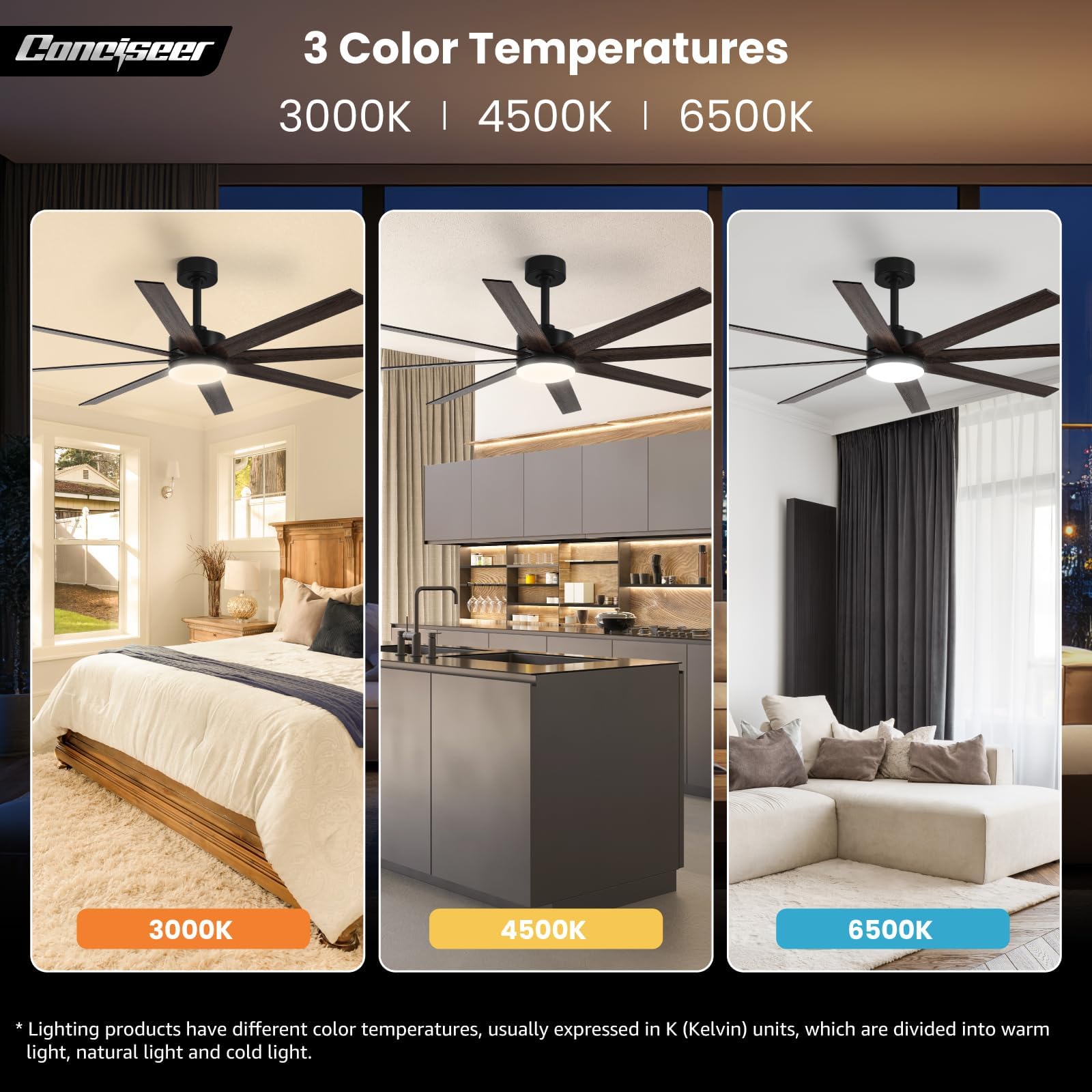 72 Inch Ceiling Fans with Lights Remote Control Dual-Color 8 Blades 24W 3CCT 6-Speed Reversible Quiet DC Motor — view 7