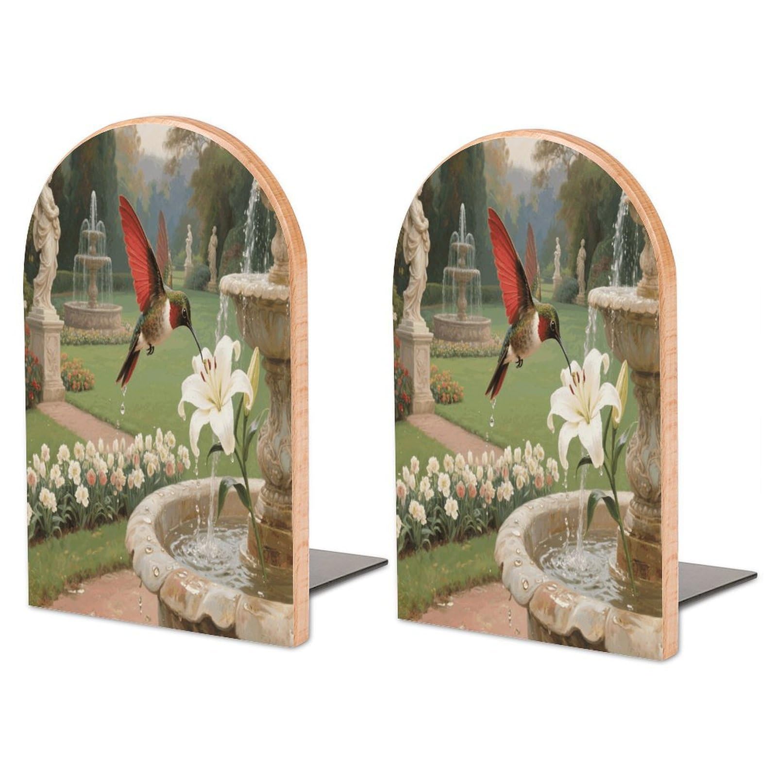 Sujetalibros de jardín de colibrí para evitar caídas de libros en estantes de madera modernos