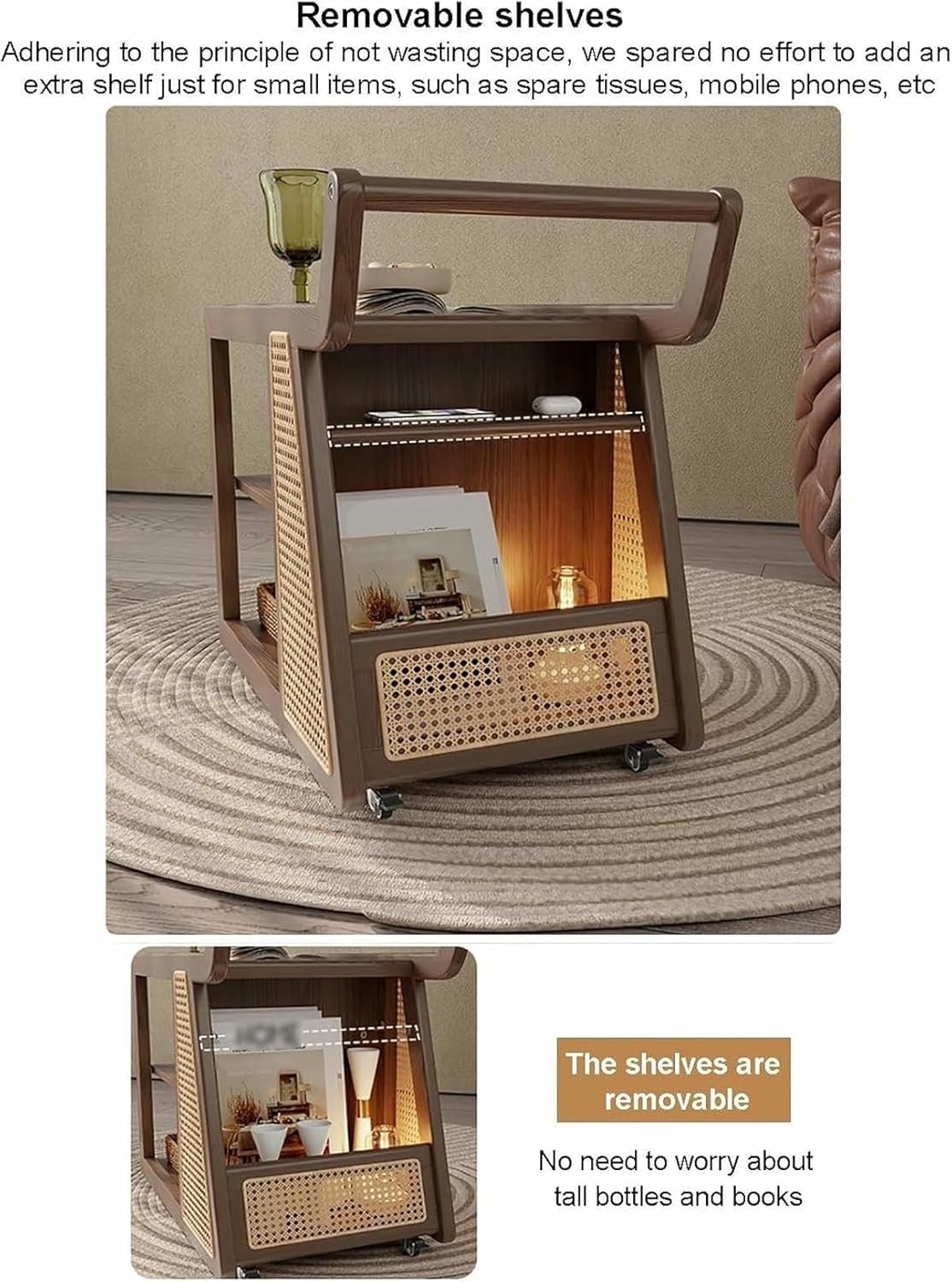 Solid Wood Rattan Kitchen Island Cart with 3-Tier Storage Narrow Rolling Utility Cart on Wheels Multi-Functional Side Table,Living Room