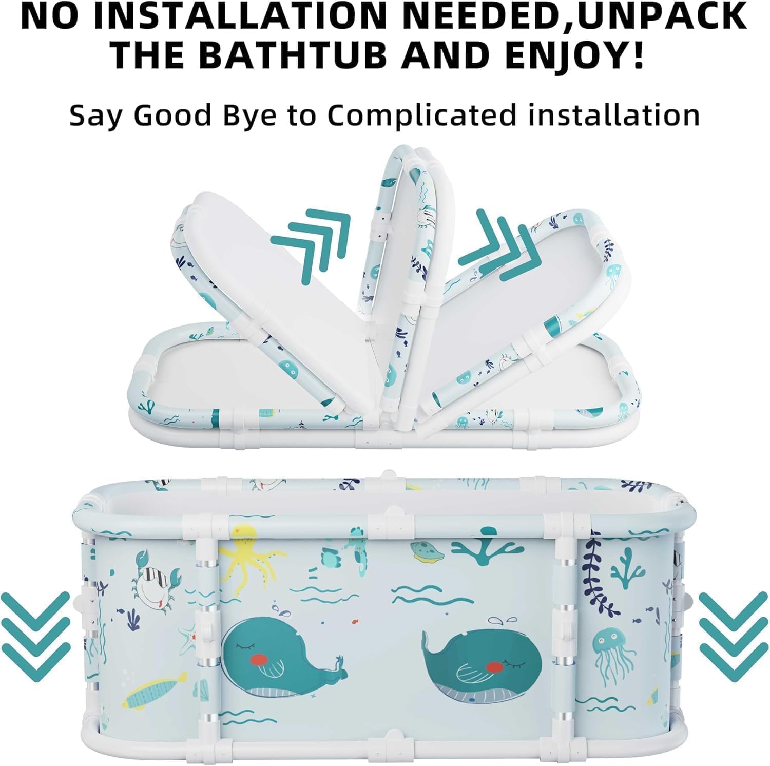 Vasca da bagno portatile, vasca da bagno pieghevole da 120 cm, installazione gratuita, vasca da bagno addensata a 7 strati con supporto in metallo, SPA (Stile oceano M2)