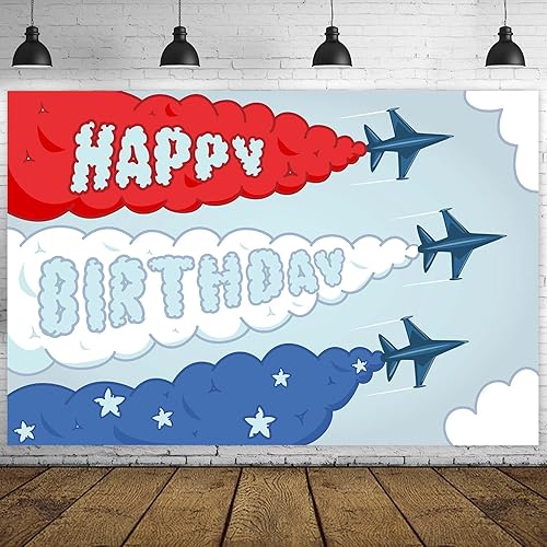 Miniatura 1 de Cartel de feliz cumpleaños de avión, telón de fondo de tiempo vuela cielo, nube arriba y lejos, decoración temática para aviador, niños, niñas,