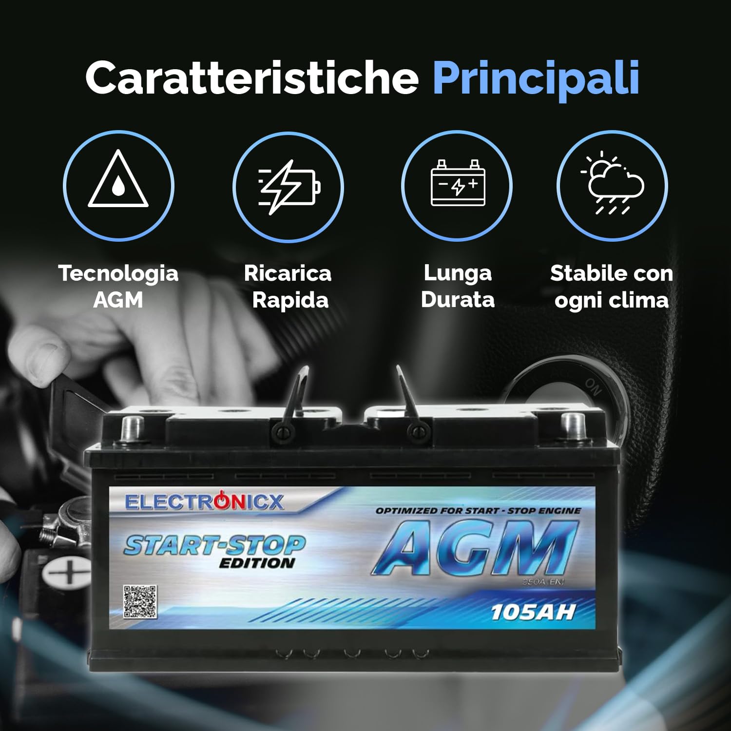 Electronicx Batteria Auto AGM 105Ah 12V – batteria di avviamento 950A EN, AGM 105 Ah, esente da manutenzione, sigillata, resistente alle vibrazioni, compatta, ad alte prestazioni, ideale per auto, SUV