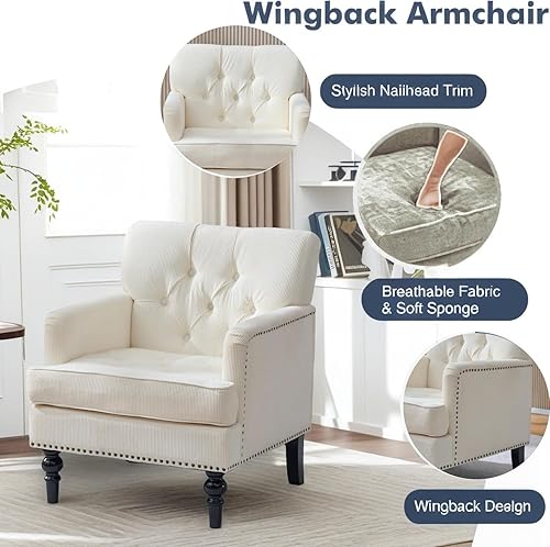 Miniatura 2 de Juego de 2 sillas de club copetudas, silla decorativa tapizada con botones con almohada lumbar, sillas de tela de lino para dormitorio, sala de