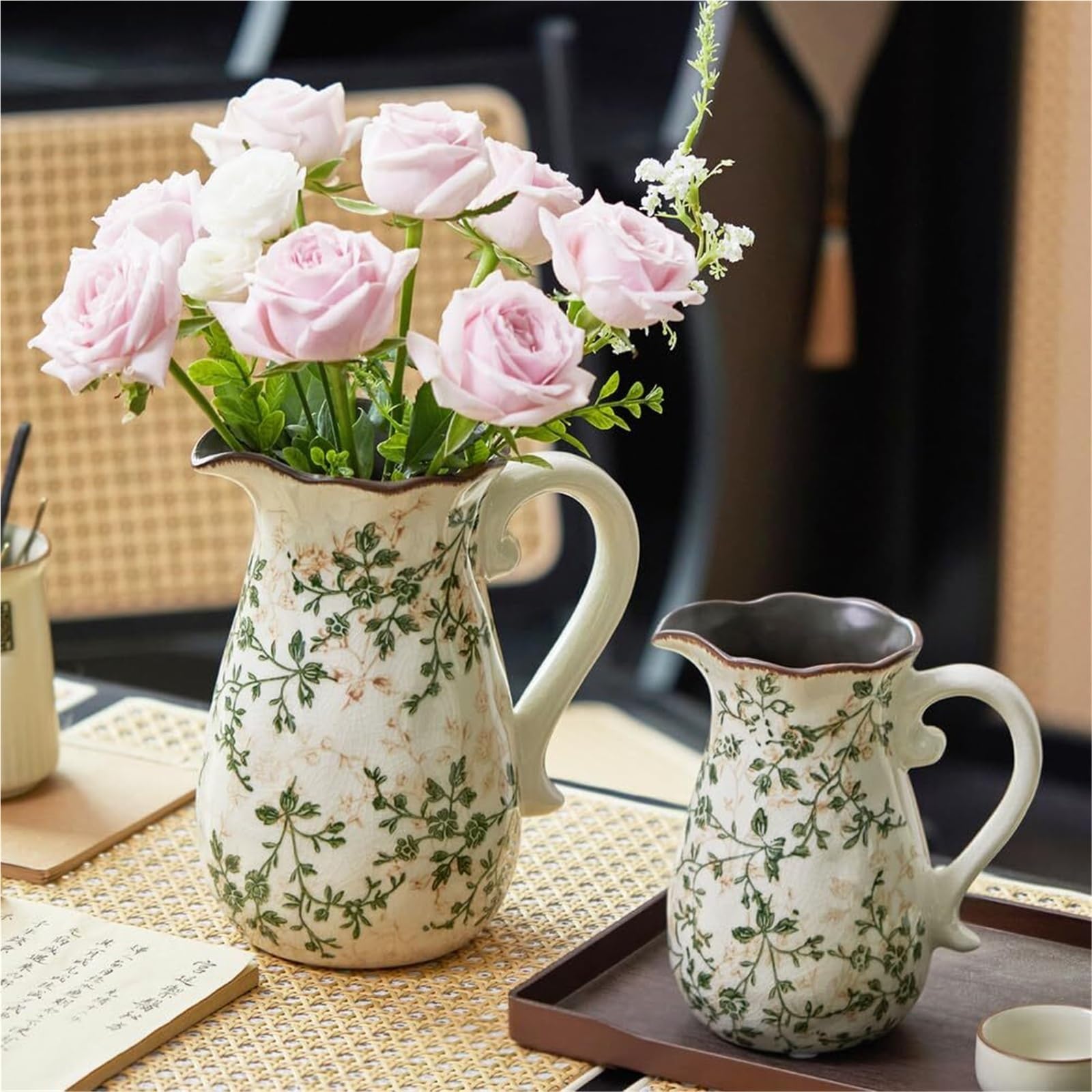 Wazony na kwiaty, ceramiczny, zielony, kwiatowy, Chinoiserie Crackle porcelanowe wazony na stół, akcesoria do salonu (G1)