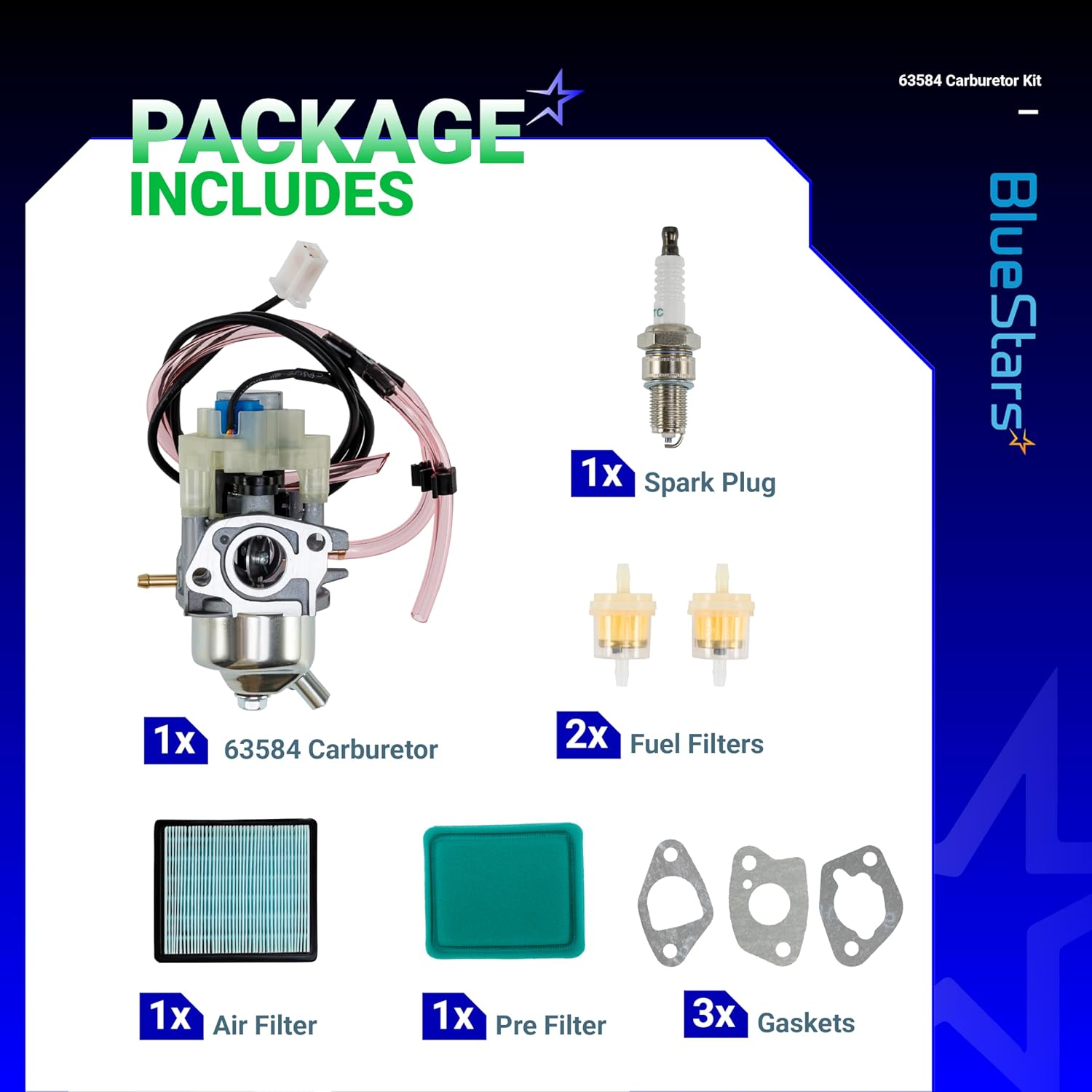 BlueStars 63584 Carburetor Kit - Fit Huayi Predator 3500 Watts Inverter Generator 63584 Carb 3500W with Gaskets, Air Filter, Spark Plug, Fuel Line - Replaces 16100-ZL0-D66 16100-Z0V-D12 16100-ZL0-D65
