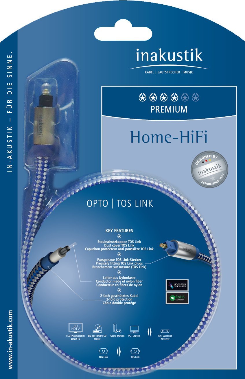 inakustik – 0041205 – Premium Optokabel | Für die Übertragung digitaler Audiosignale | 5m in Blau | Nylonleiter für max. Lichtleitfähigkeit - geschliffene Kabelenden reduzieren störende Lichtbrechungen