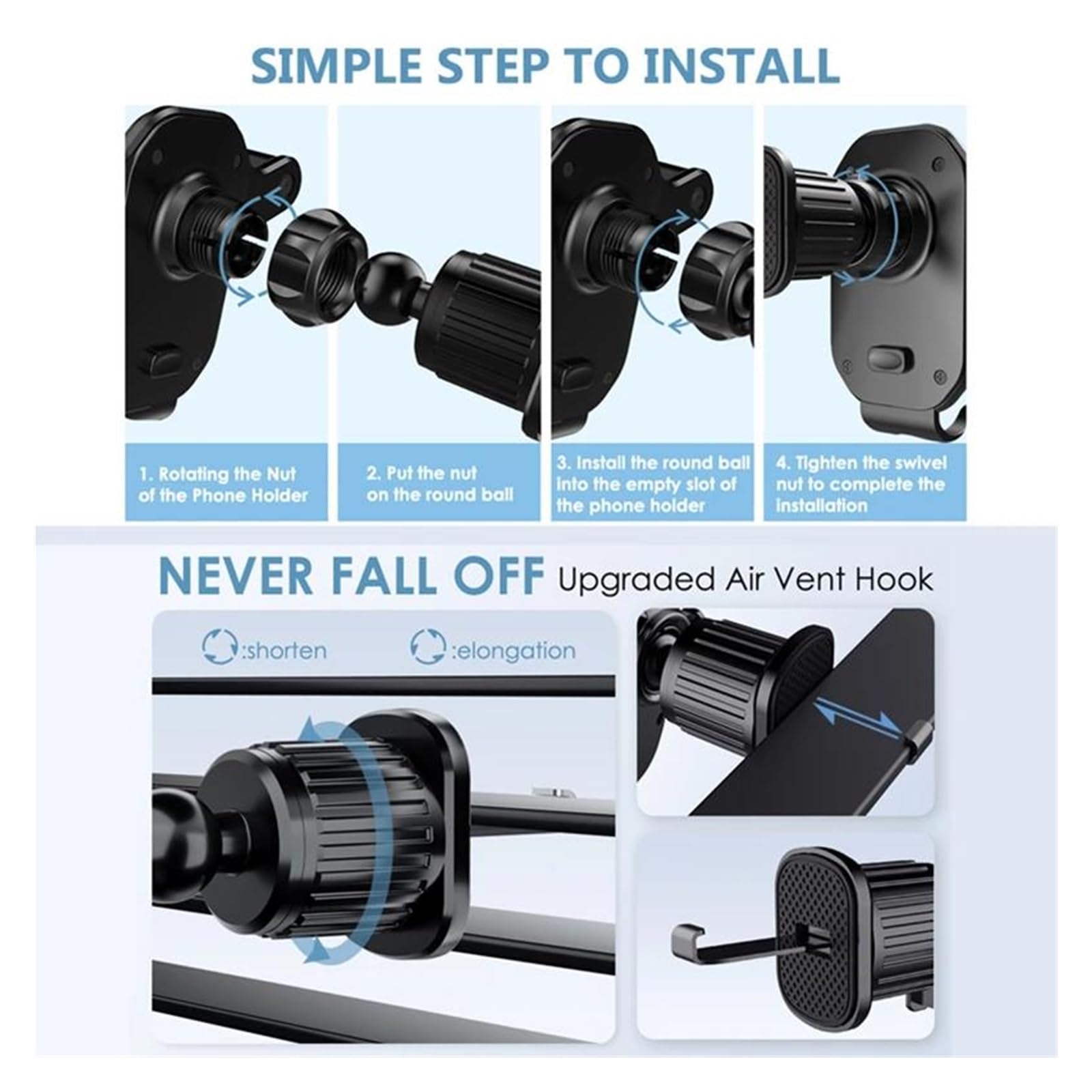 Supporto anticaduta per auto per presa d'aria per cruscotto dell'auto per telefono cellulare e navigatore satellitare(Black A)