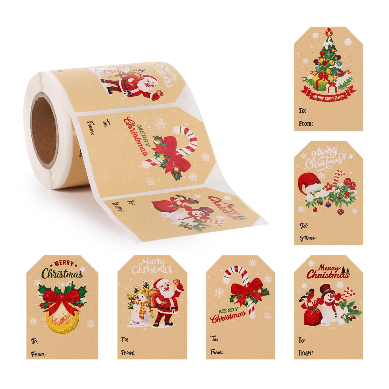250pcs Self Adhesive Gift Tag Stickers, Christmas Labels Stickers Kraft Stickers Roll Decorative Christmas Stickers for Party Favor Box Envelope Wrapping Gift Christmas Decor