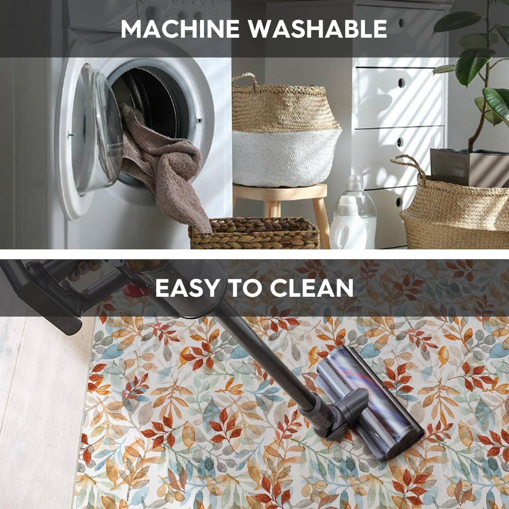 Artoid Mode Eucalyptus Leaves Fall Area Rug, Autumn Thanksgiving Home Decor Low-Profile Washable Area Rugs for Entryway Bedroom Living Room Laundry Room Indoor 5x7 Feet