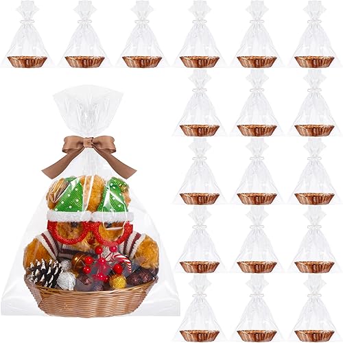 Miniatura 8 de Chengu 18 cestas de plástico de Navidad para regalos, cesta ovalada vacía con 20 bolsas transparentes, cesta vacía tejida para almacenamiento de