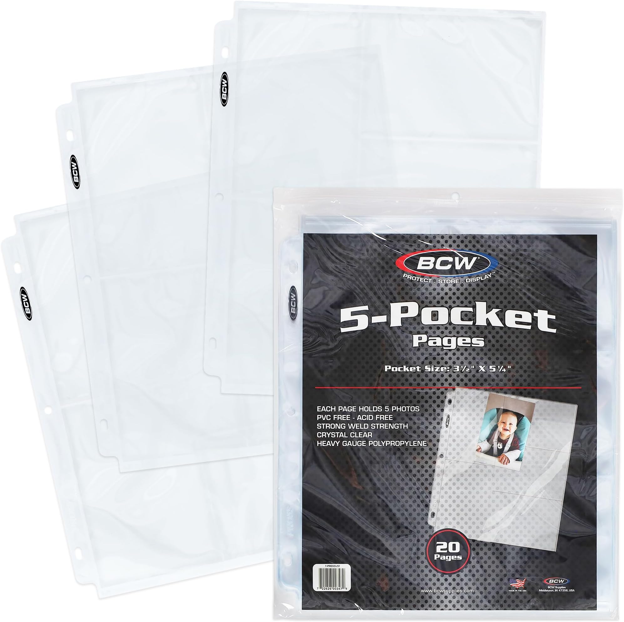 Pro 5-Pocket Photo Page (20 Count) | Archival Quality, Acid-Free | Photo Card Sleeves for Postcards | Fits 3-Ring Binders | Perfect for Photocard Binder Sleeves, Collectible Trading Card Albums