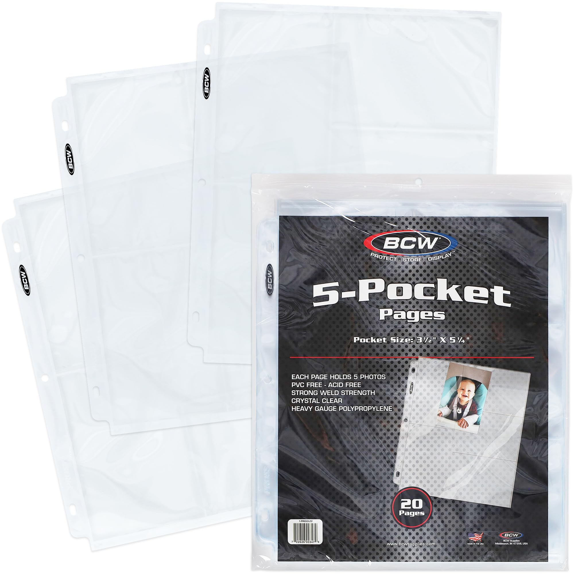 BCW Pro 5-Pocket Photo Page (20 Count) | Archival Quality, Acid-Free | Photo Card Sleeves for Postcards | Fits 3-Ring Binders | Perfect for Photocard Binder Sleeves, Collectible Trading Card Albums