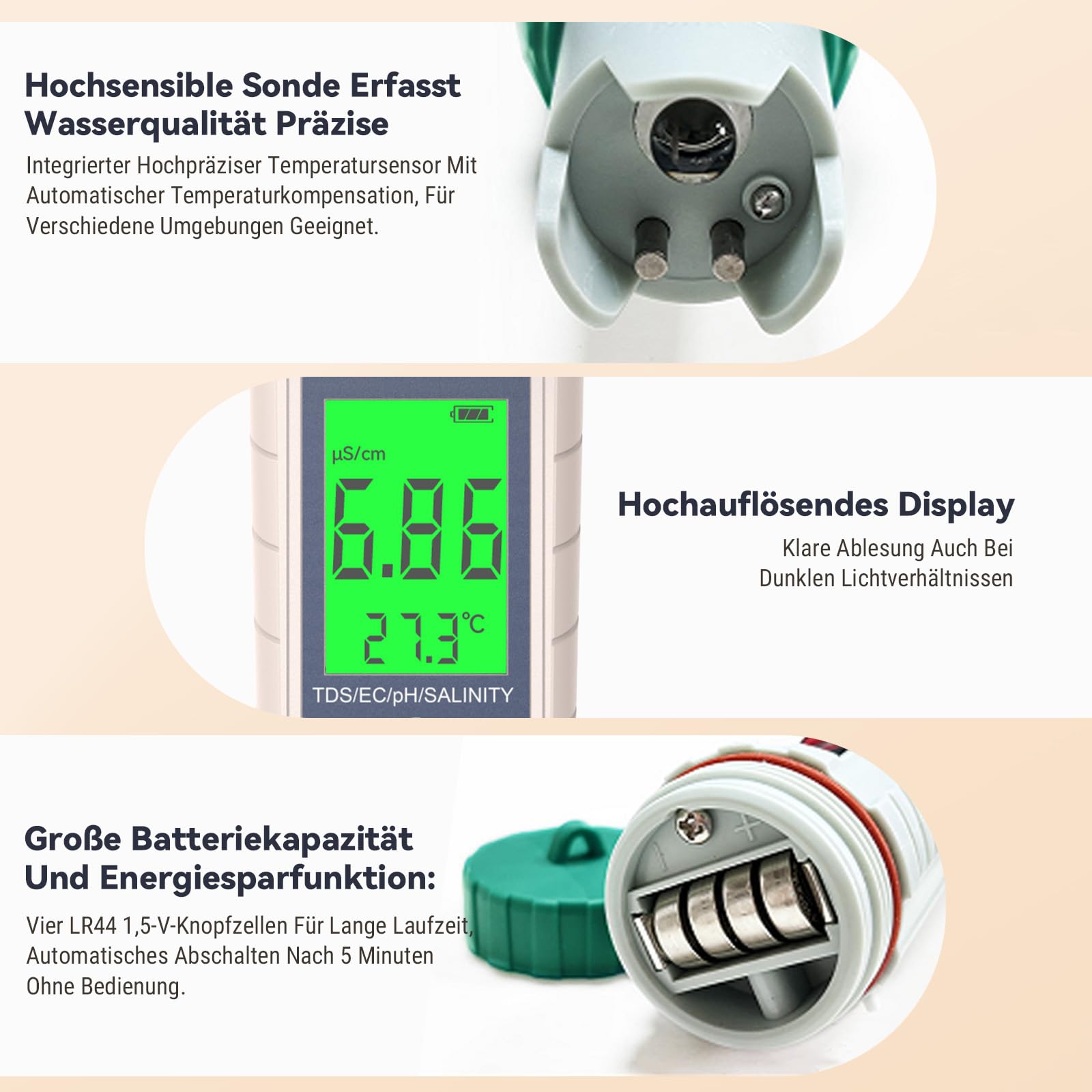 PH Messgerät Hochpräzision (± 0.01), 5 in 1 PH/TDS/EC/Salzgehalt/Thermometer, pH Wert Messgerät Pool mit Blau Hinterleuchtetem LCD-Display & Automatischer Temperaturkompensation