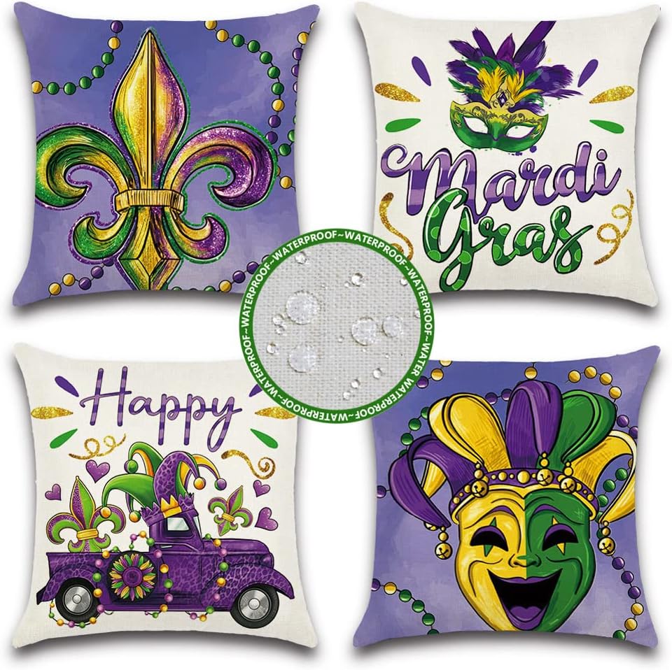 JOJOGOGO Mardi Gras Decorations Outdoor Throw Pillow Covers 18x18 Waterproof Set of