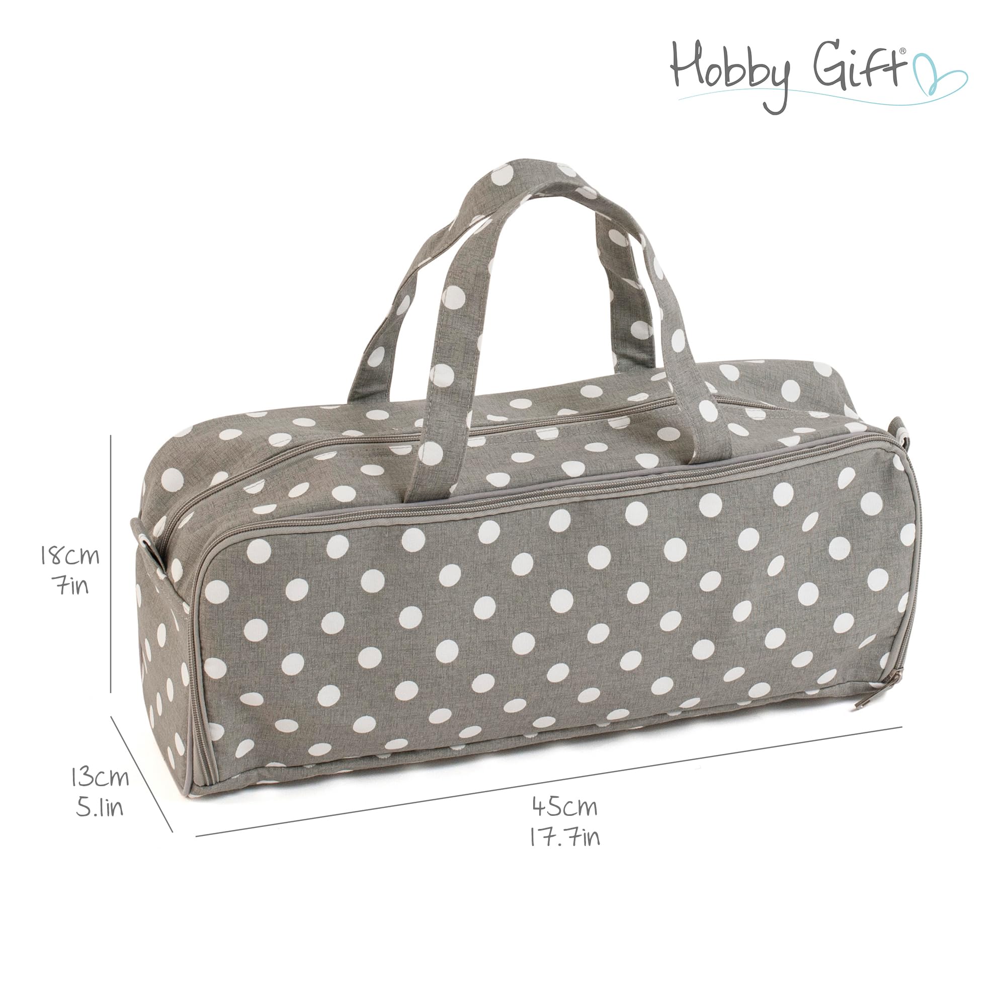 Hobby Gift Borsa Media per Maglia - Borsa Organiser per Uncinetto in 100% Cotone Morbido con Custodia per Ferri con Zip, Foro per Filato, Porta Filato e Doppi Manici - 13 x 45 x 18 cm, Pois Grigi