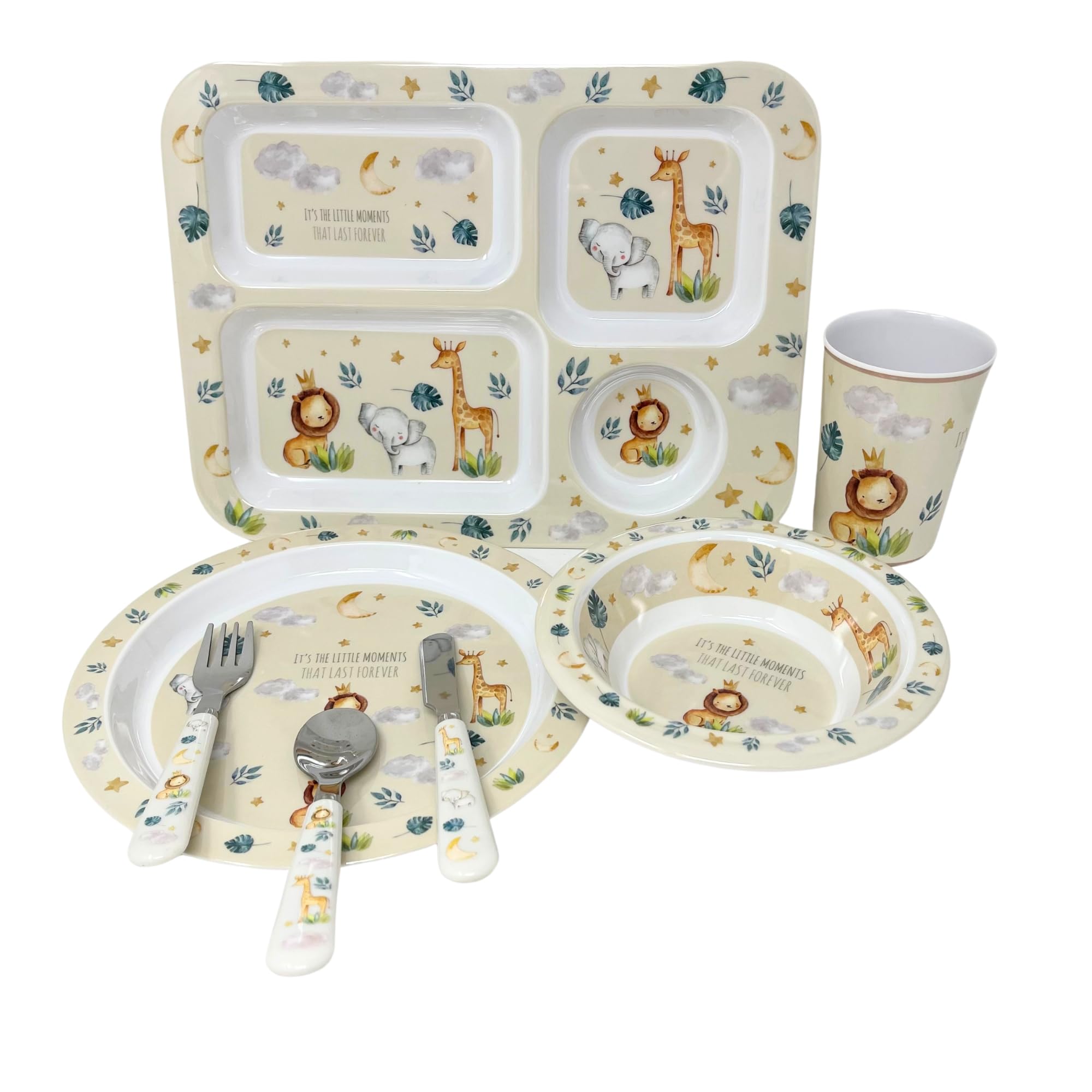 Little Moments Dinner Set 5 Piece Kids Dinner Set Tableware Lunch Reusable Plate Cutlery Bowl Tumbler Cup Tray Lightweight Premium Dinnerware Set HTUK