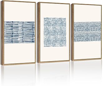 PHOPAGO 16x24in Large Blue Abstract Framed Wall Art Modern Boho Neutral Line Wall Decor Minimalist Geometric Artwork Bedroom Living Room Natural Framed