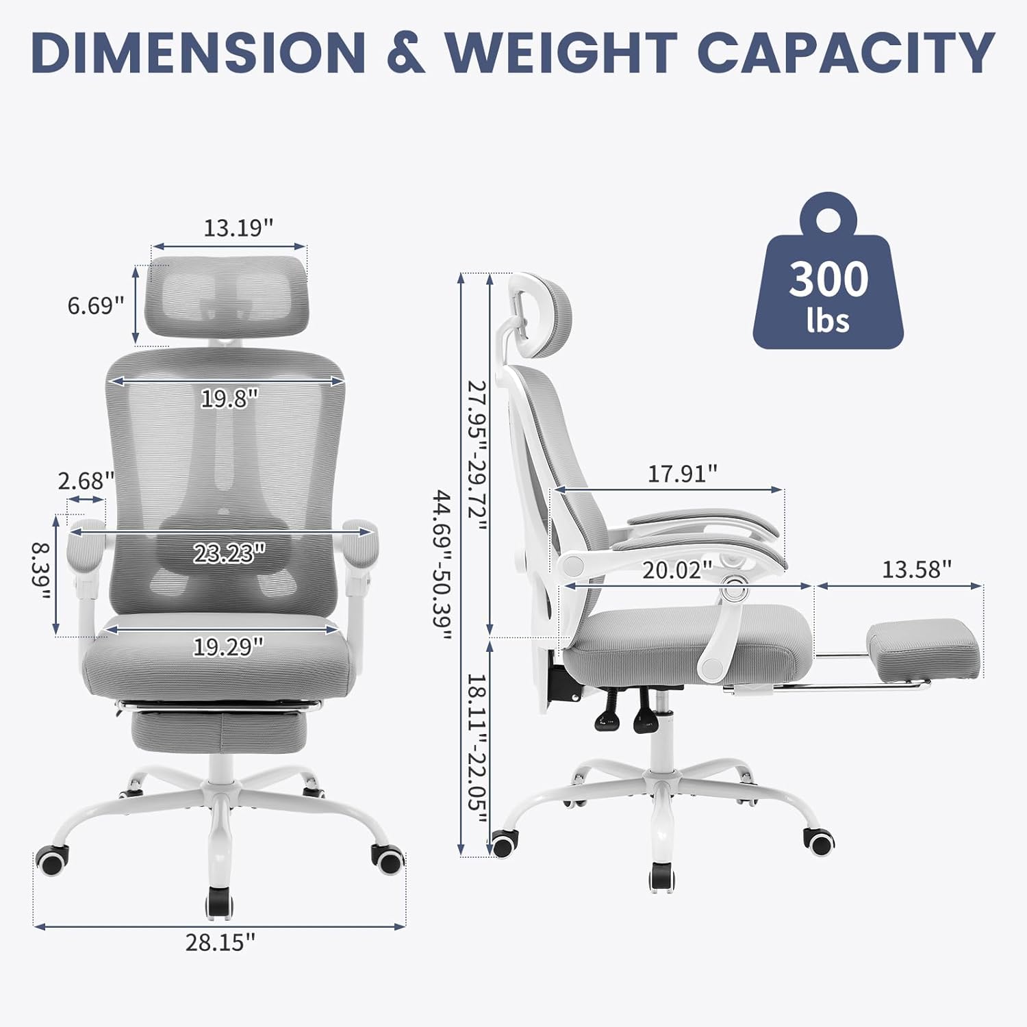 Silla de oficina ergonómica con reposapiés, soporte lumbar ajustable y reposacabezas, giratoria de 360°, gris