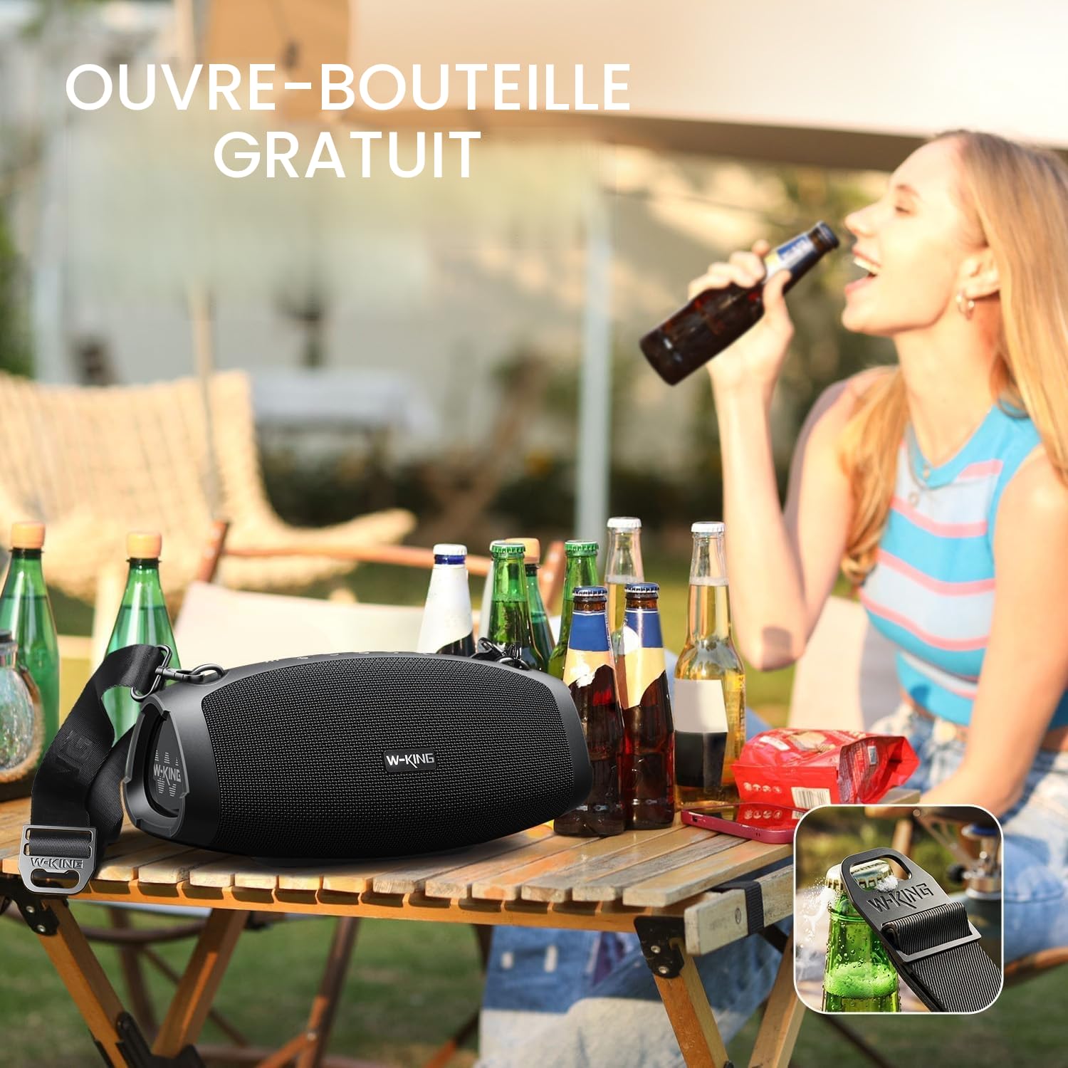 W-KING (120W Max)70W Enceinte Bluetooth Puissante, IPX6 Haut-Parleur Chantier Extérieur étanche Bluetooth Speaker,Triple Radiateurs Passifs- Basses Profondes, Power Bank/DSP/EQ/TF/AUX/42H/Ouvreur(X10)