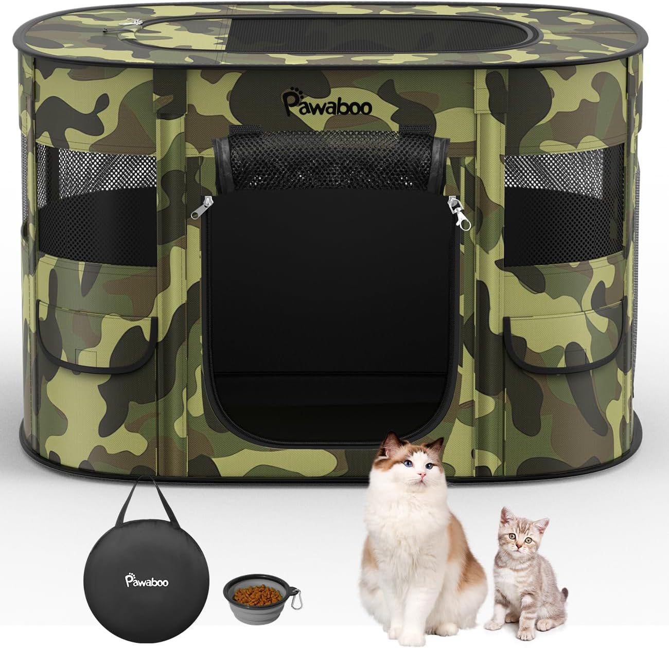 Dog Playpen, Portable Pet Cat PlayPen, 600D Oxford Dog Kennel Tent Crate, Waterproof&Breathable, Indoor Outdoor Travel Camping for Medium/Large Breed with Carrying Case+Bowl(L), Black Camouflage