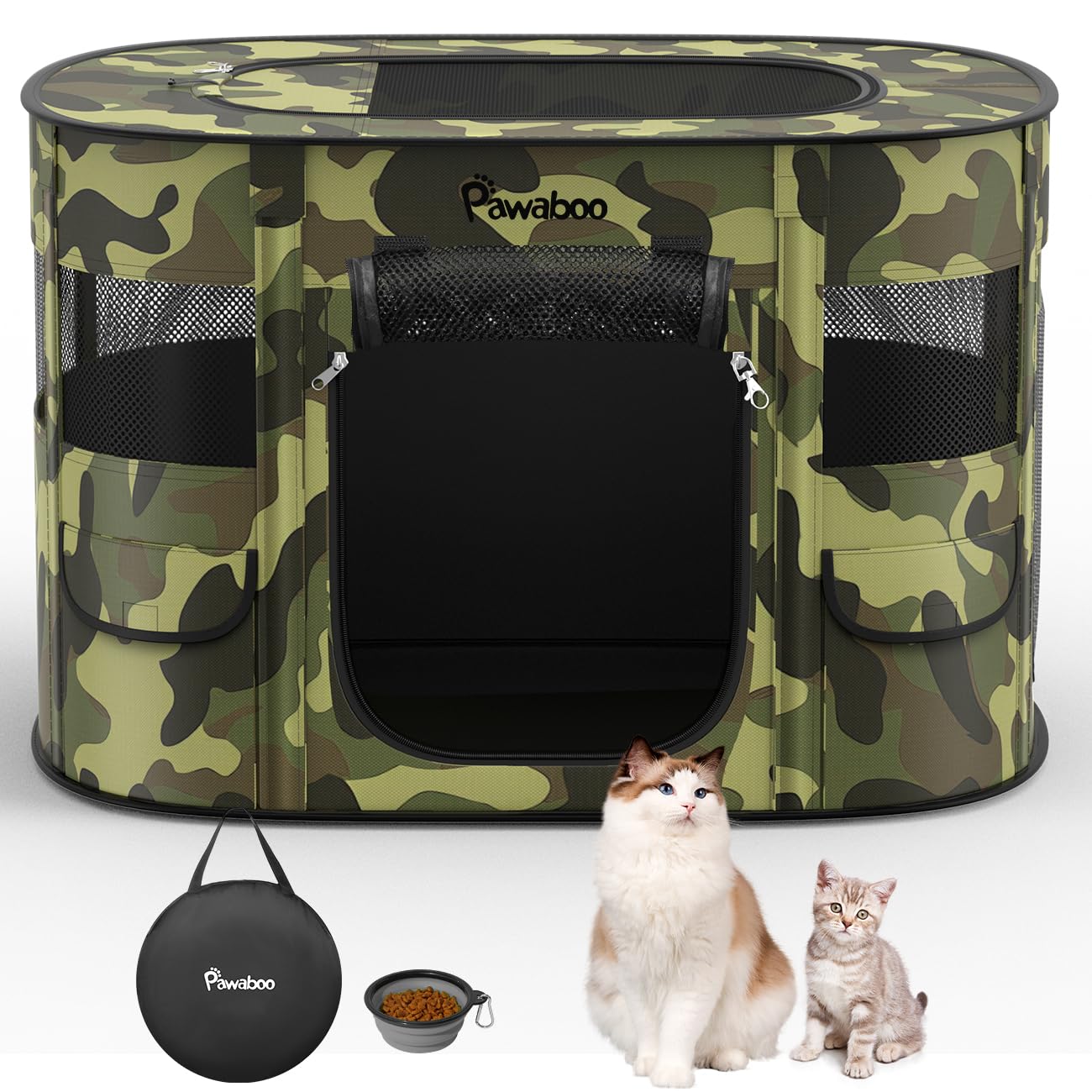 Dog Playpen, Portable Pet Cat PlayPen, 600D Oxford Dog Kennel Tent Crate, Waterproof&Breathable, Indoor Outdoor Travel Camping for Medium/Large Breed with Carrying Case+Bowl(L), Black Camouflage — image 1