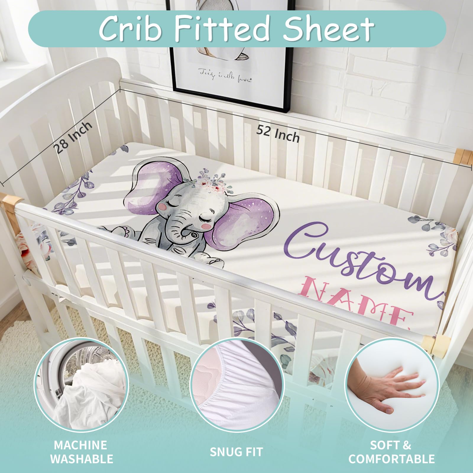 Hatchaa Custom Baby Crib Bedding Set - Purple Elephant Theme Personalized Name Baby Nursery Bedding 3 Piece Set, Toddler Bedding Sets for Girls, Customized Gift for Infants Newborns New Parents