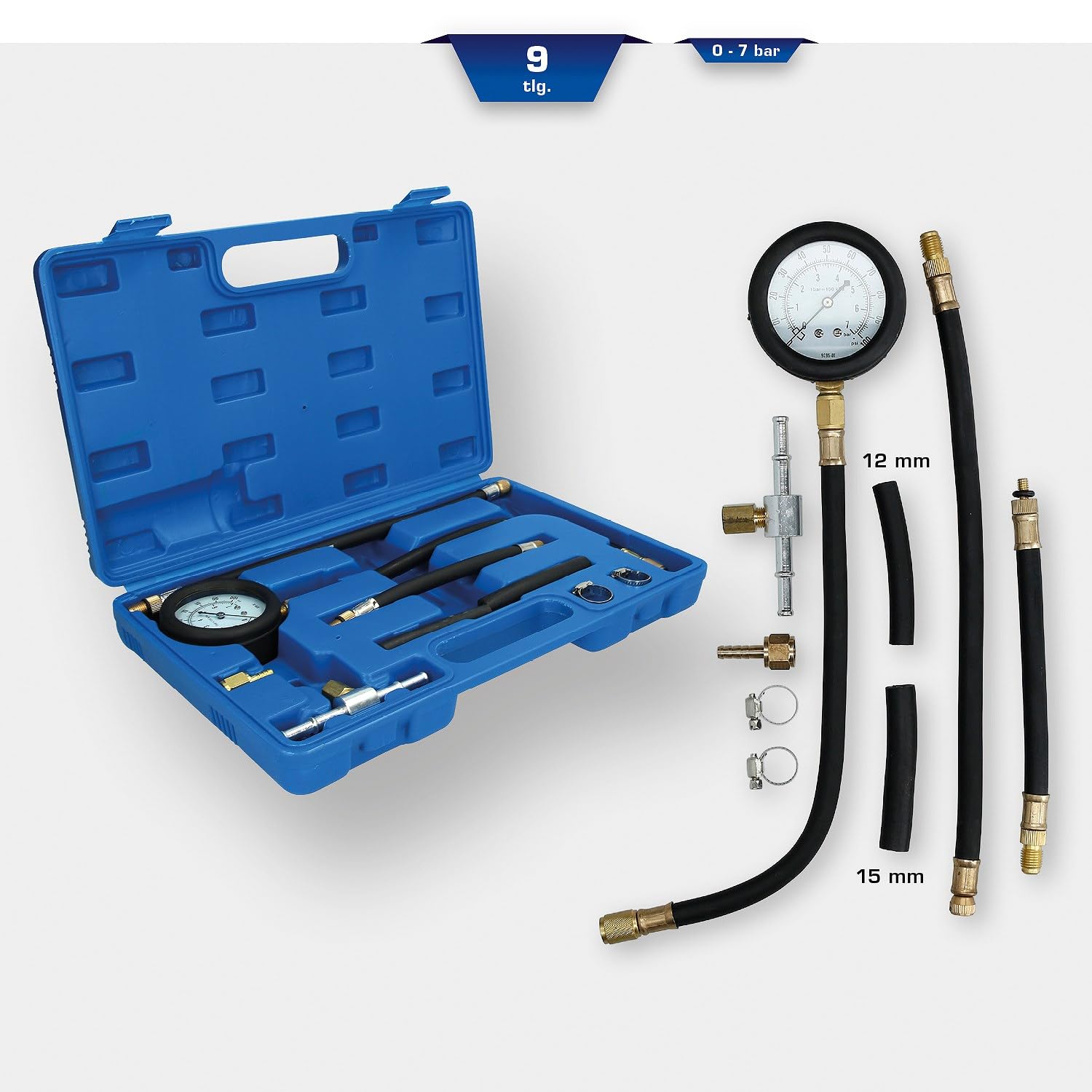BRILLIANT TOOLS BT581250 Kit tester pressione pompa d'iniezione carburante, 9 pz [Powered by KS TOOLS]