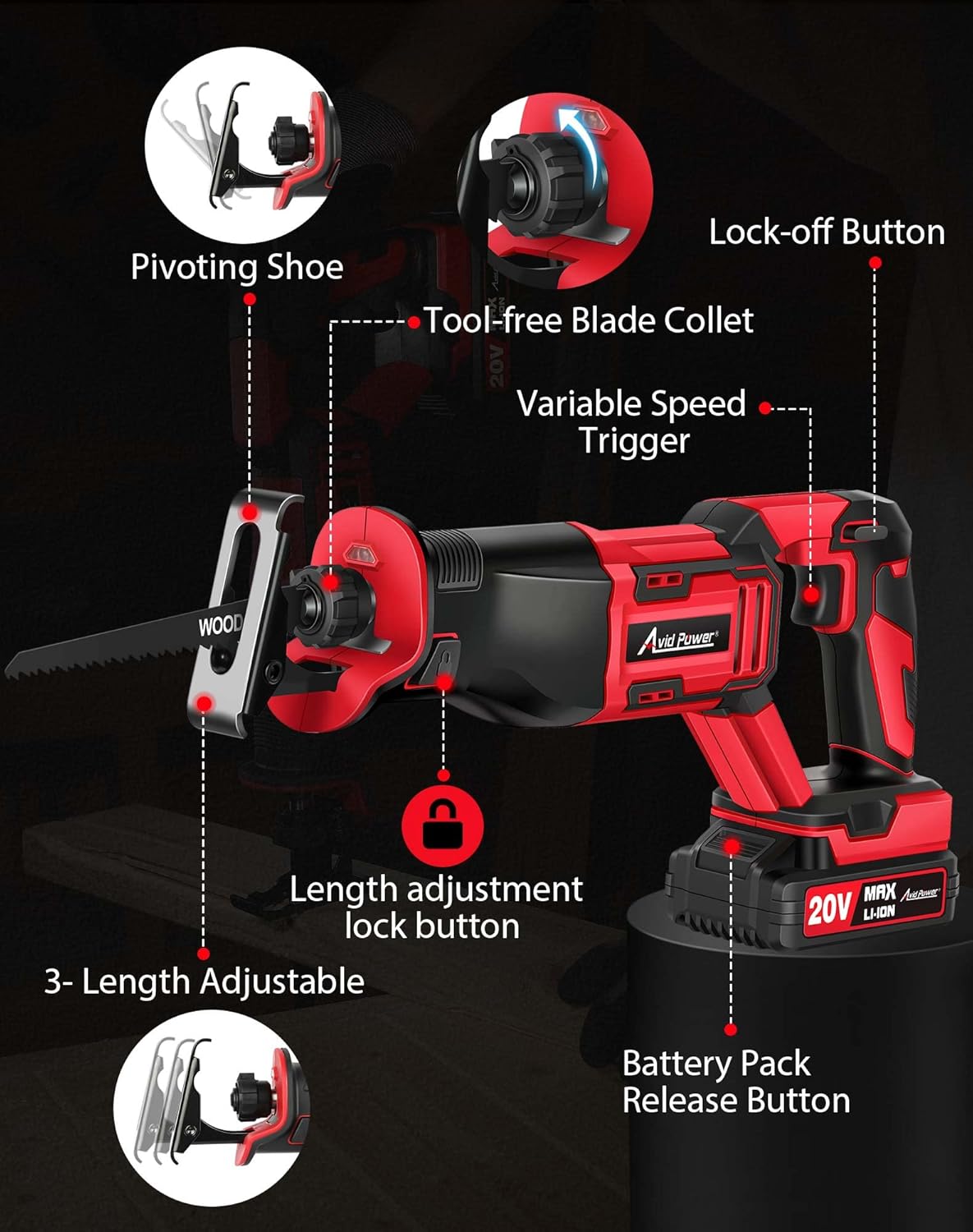 AVID POWER Reciprocating Saw, 20V Cordless Reciprocating Saw with Two 2.0Ah Batteries and Charger, 6 Saw Blades, Variable Speed, Battery Powered Saw for Woods/Metal/Plastic Cutting - - 