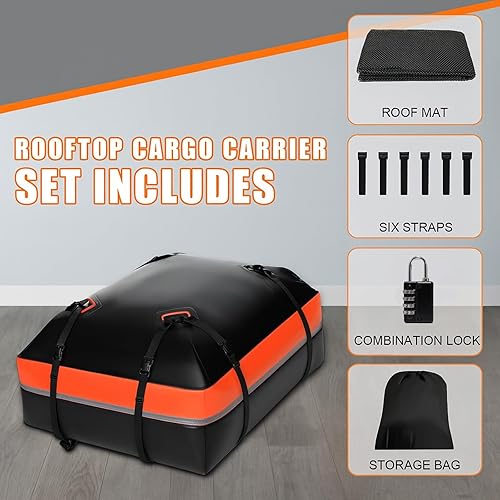 Miniatura 6 de Bolsa de techo para automóvil, bolsa de carga para techo de 15 pies cúbicos, impermeable para todos los autos consin estante, incluye alfombrilla