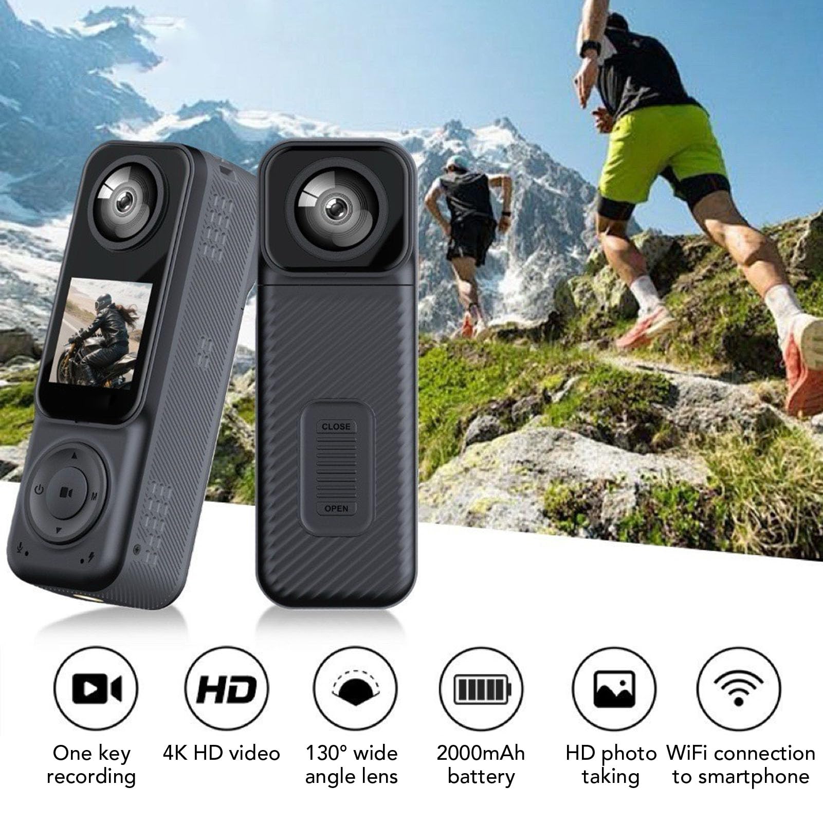 Jectse Action Camera 4K, Videoregistratore Sportivo Wi-Fi Grandangolare a Doppio Obiettivo da 130° con App per Vlogging in Bicicletta