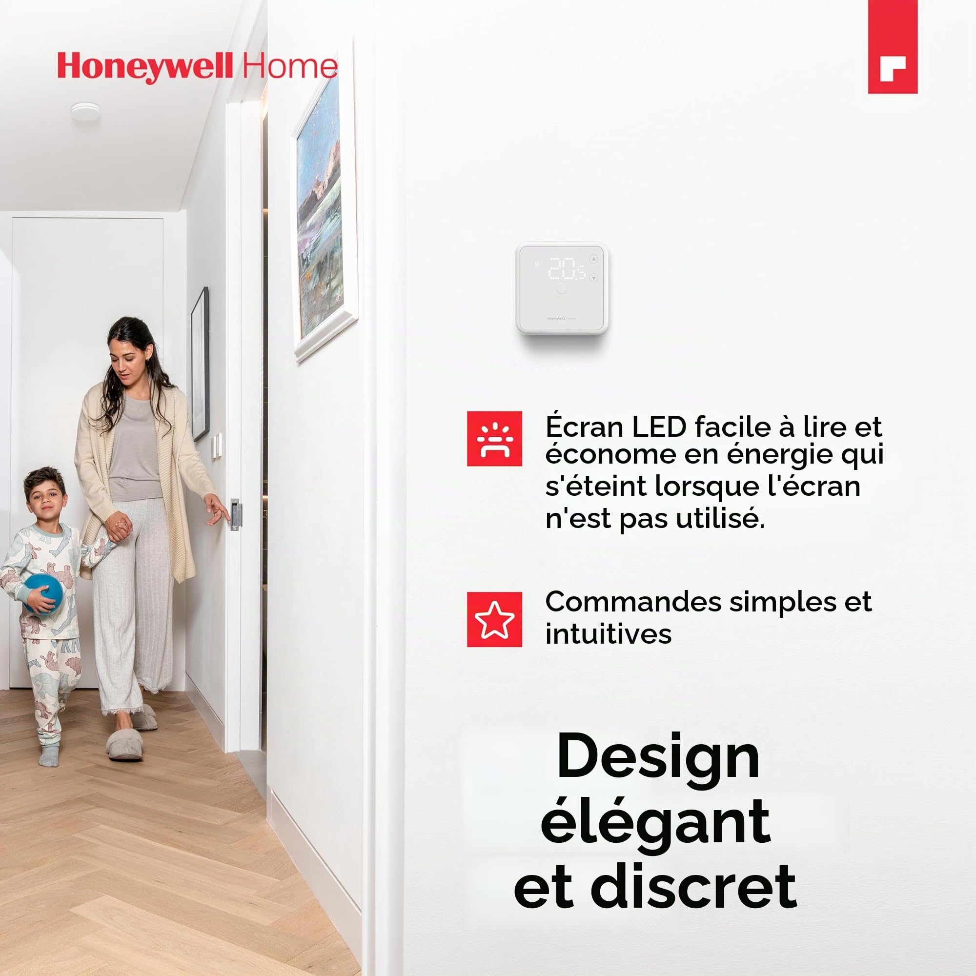 Thermostat d'ambiance Honeywell Home, facile à lire, affichage LED économe en énergie, filaire, noir