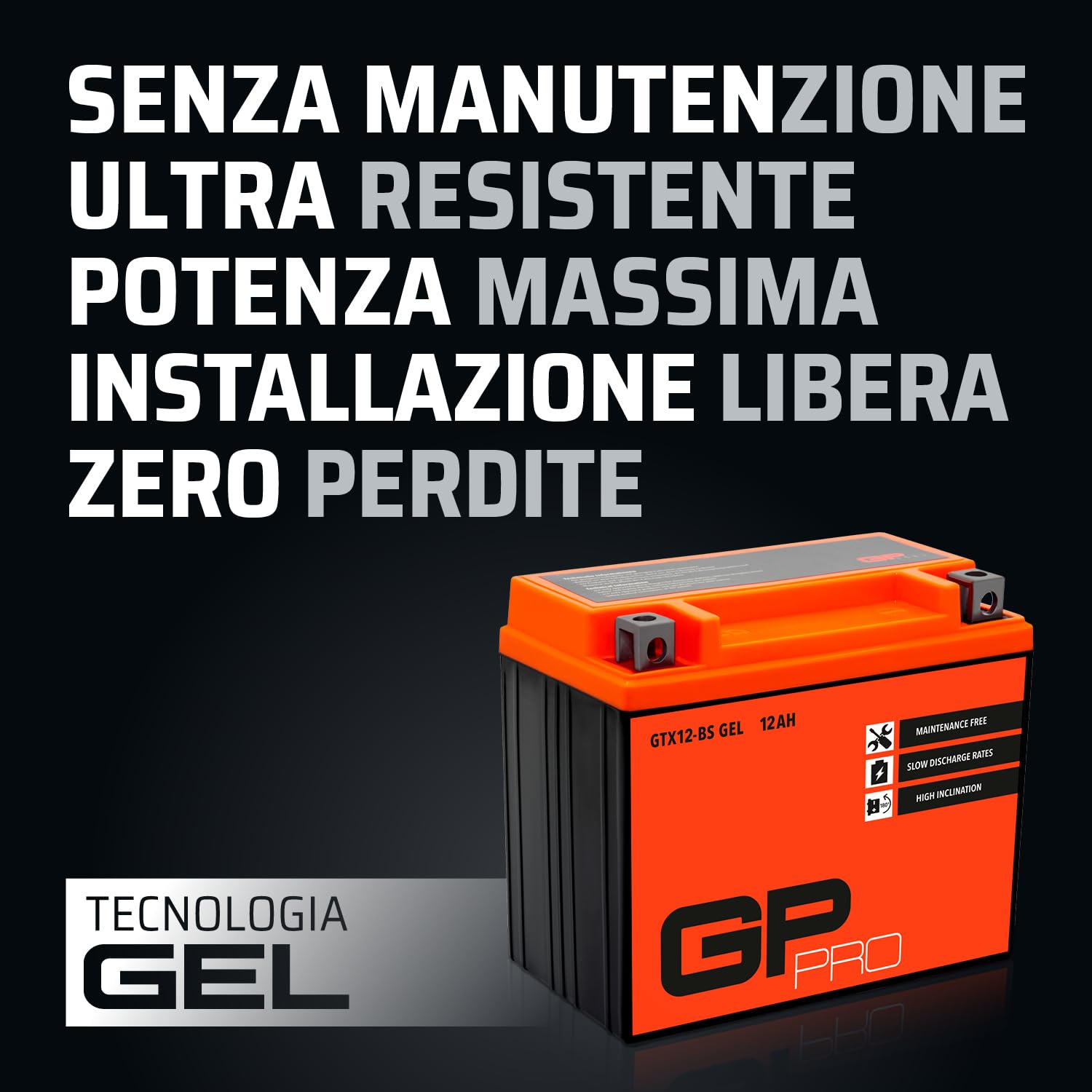 GP-PRO GTX12-BS 12V 12Ah GEL Batteria di avviamento (compatibile con YTX12-BS / 51012) (Esente da manutenzione/Sigillato) Moto Accumulatore