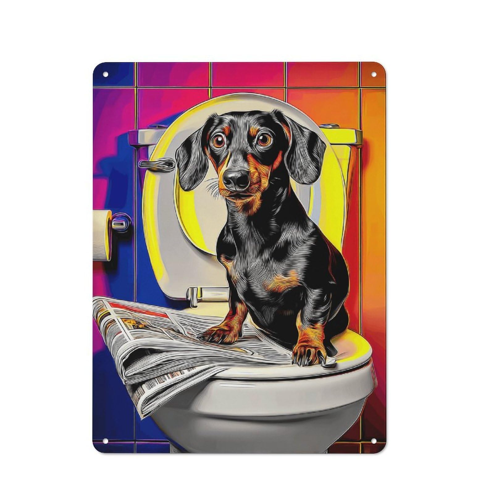 Junmoney Dog On Toilet With Newspaper Metal Wall Sign 40X30cm Featuring For Café Or Restaurant, For An Autumn Wall Display In Café And Restaurant