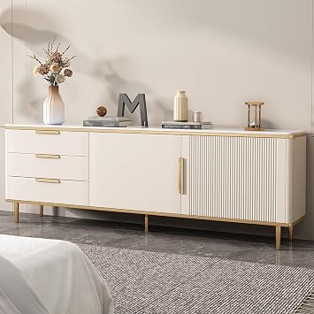 TV Stand, Media-Console Table, Rock Slab Tabletop, Tall TV Cabinet with Cable Hole, Modern Entertainment Center, 3 Drawers, Easy to Install, 1604070 cmBeige