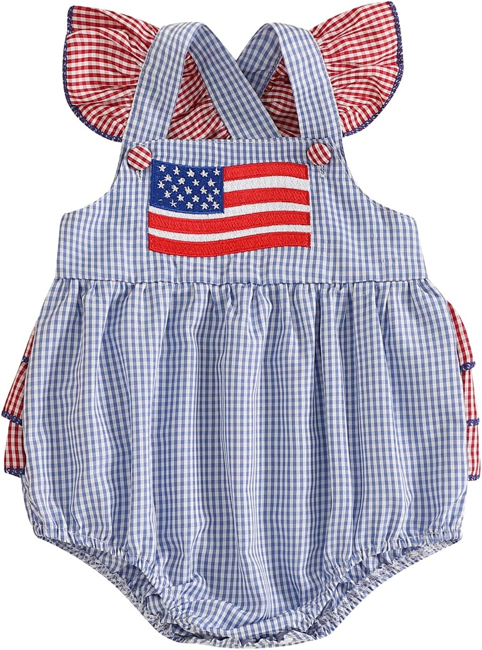 4th Of July Baby Girl Outfits Newborn Bubble Romper Infant Plaid Bodysuit T Shirt Memorial Day Patriotic Clothes