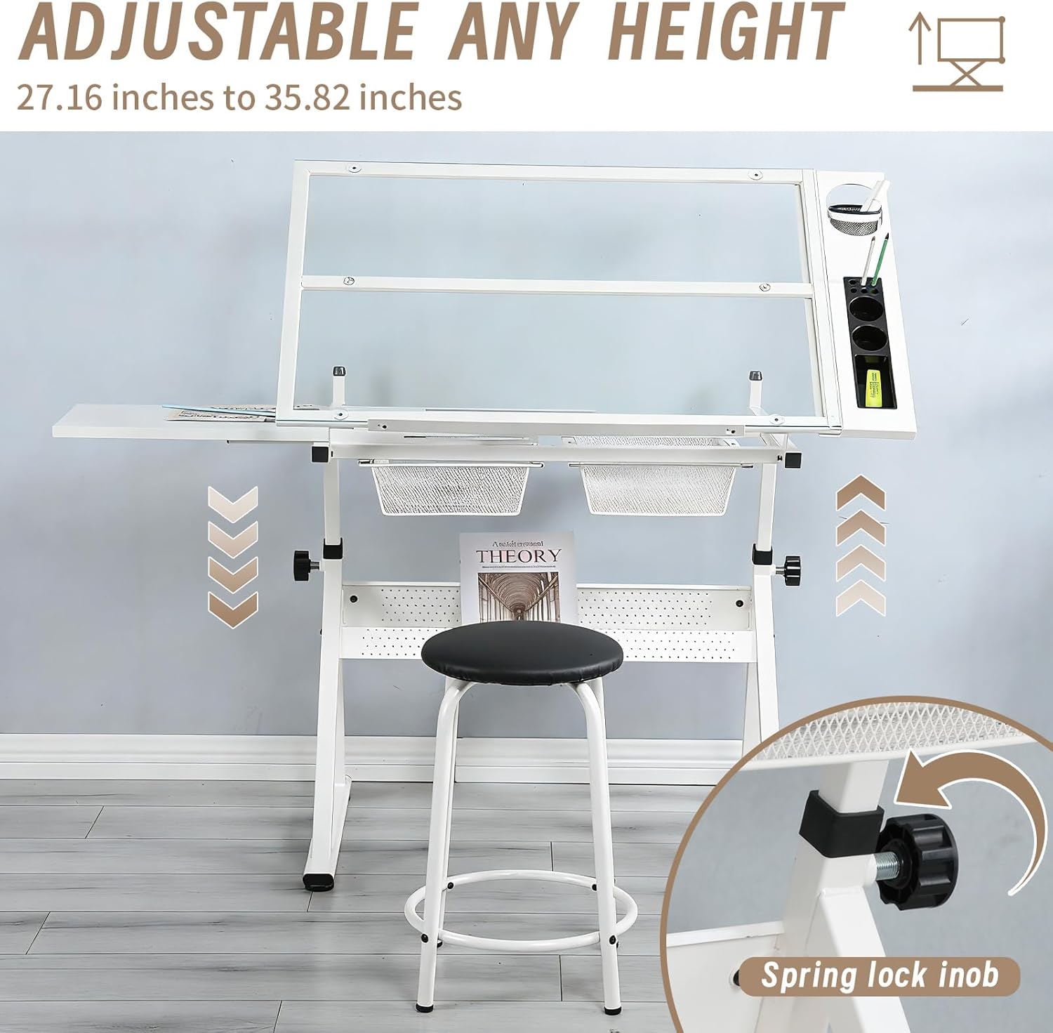 Adjustable Tempered Glass Drafting Table, 0-75° Tilting Art Desk with Multi-Storage Drawers & Trays, Height Adjustable 27.1"-35.8" Drawing Table with Chair, White
