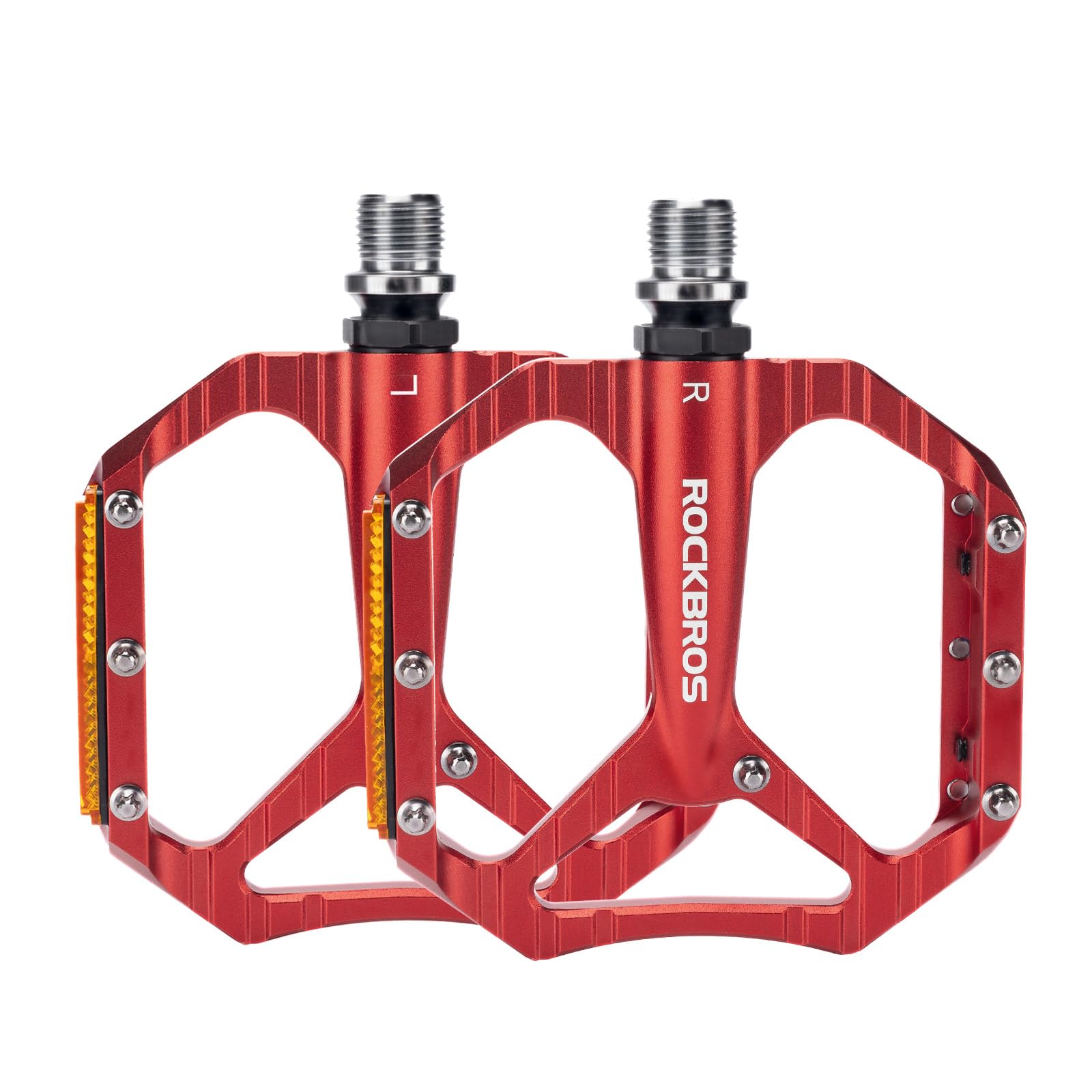 ROCKBROS Bike Pedals with Anti-Slip Pins, Aluminum Wide Platform with Reflectors, Single Sealed Bearing, 9/16”Durable Bicycle Flat Pedals Universal for Road, MTB, BMX, Gravel, City Bikes, Red