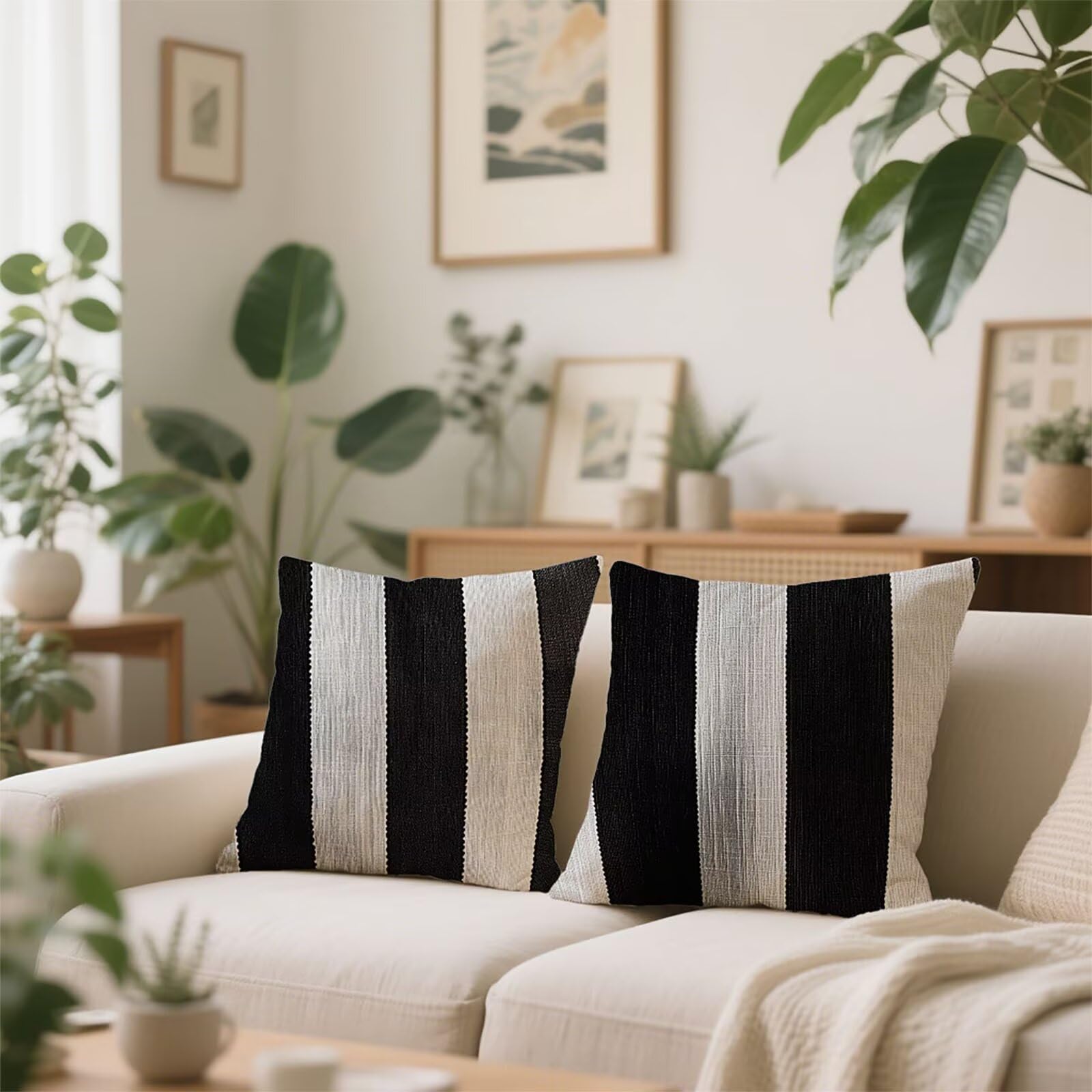 Zewnętrzne poszewki na poduszki 30 x 30 cm dwustronne lniane poszewki na poduszki dekoracyjne z nadrukiem czarno-białe, 2 sztuki, na lato i jesień, idealne na sofę, ławkę, patio i do ogrodu
