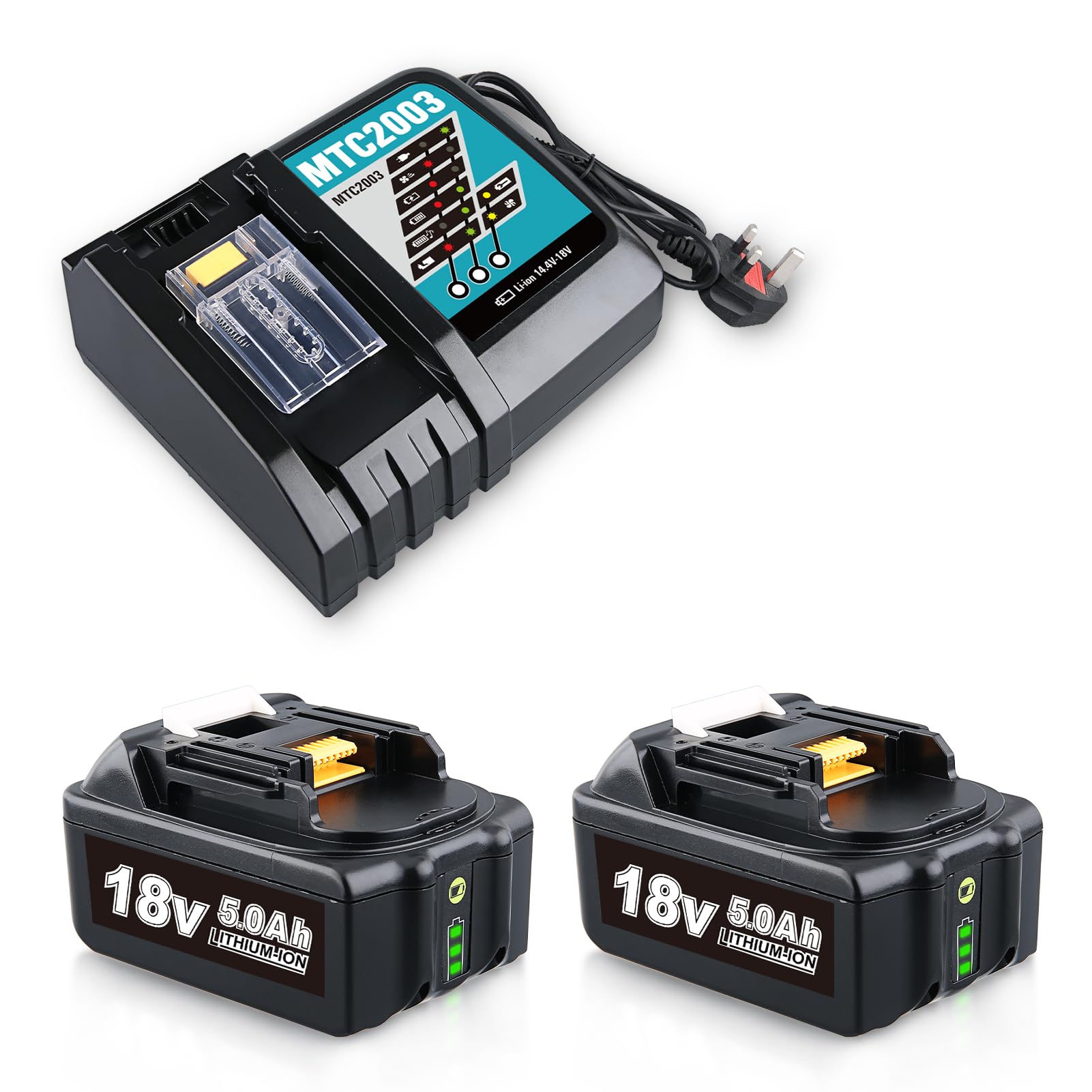2 Pack 18V 5.0Ah BL1850B Li-ion and DC18RC 14.4V-18V Li-ion Charger Replacement for Makita Battery and Charger Compatible with Makita 18V Battery Cordless Power Tools