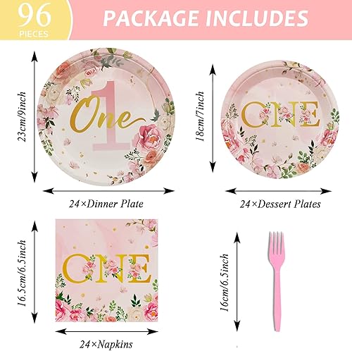 Miniatura 2 de 96 piezas de suministros para fiesta de primer cumpleaños para niñas, platos de un cumpleaños, servilletas, vajilla, primer año, cumpleaños,